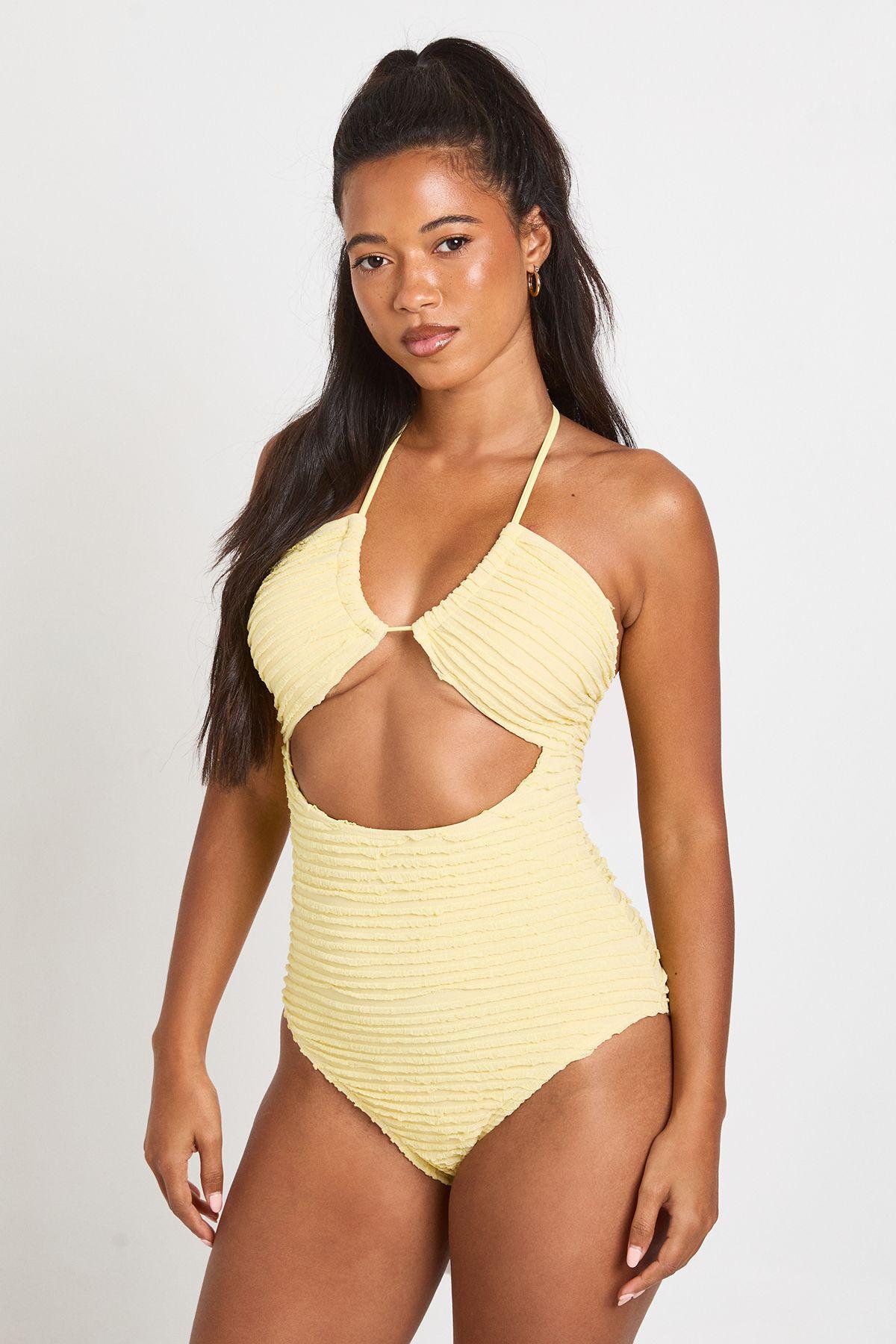 Textured Cut Out Halter Neck Swimsuit by BOOHOO