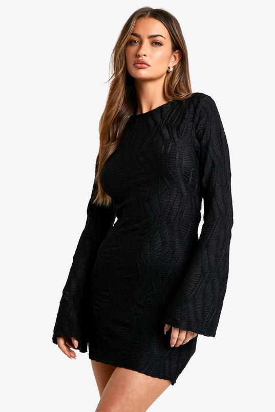 Textured Flare Sleeve Mini Dress by BOOHOO