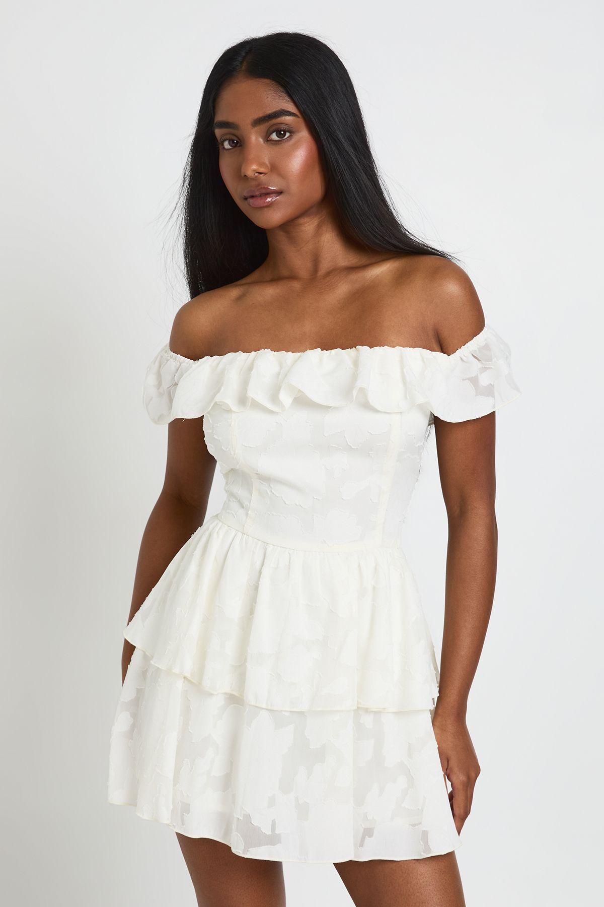 Textured Floral Bardot Mini Dress by BOOHOO