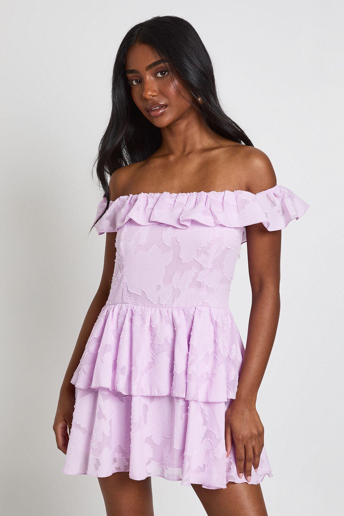 Textured Floral Bardot Mini Dress by BOOHOO