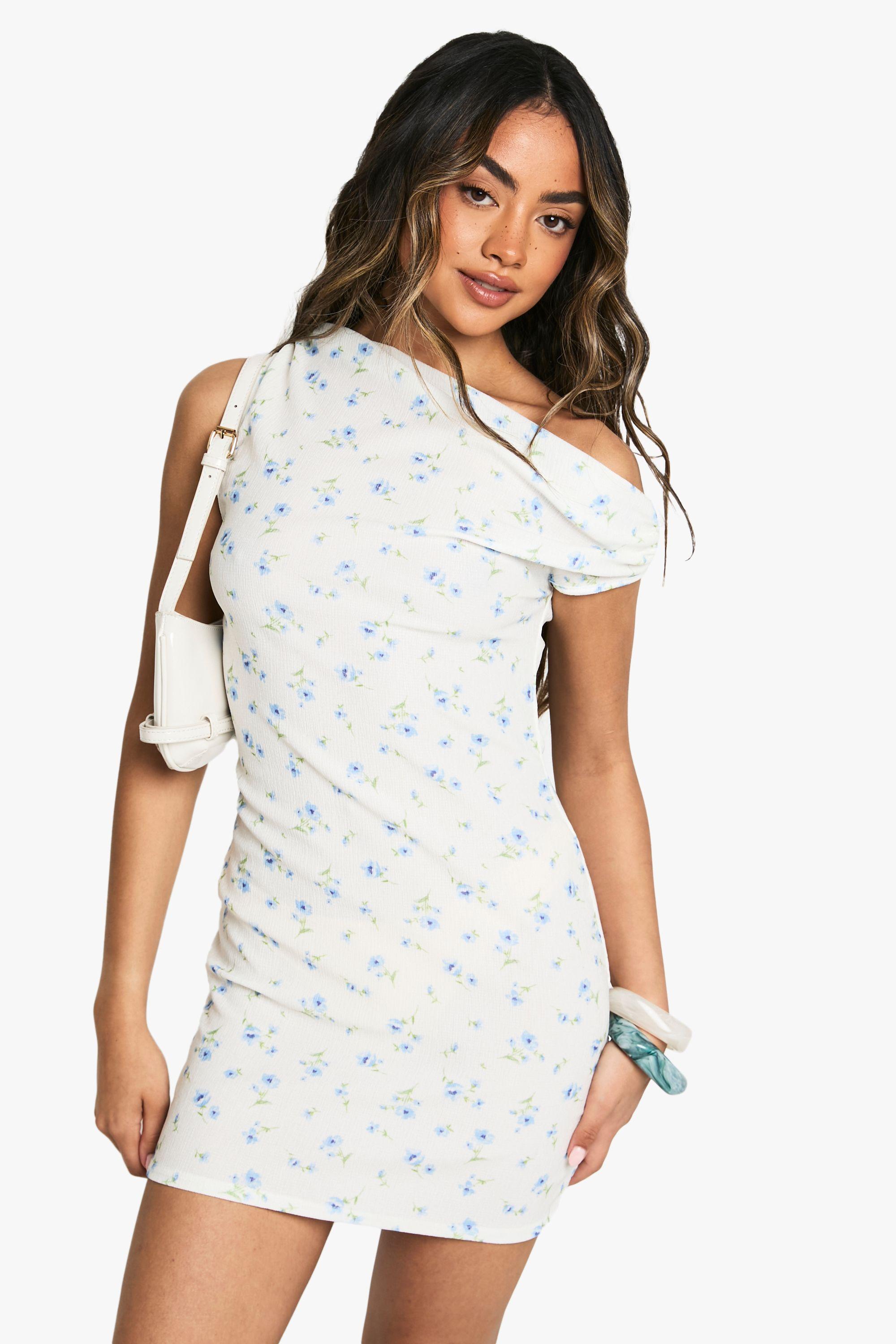 Textured Floral Draped Neck Mini Dress by BOOHOO