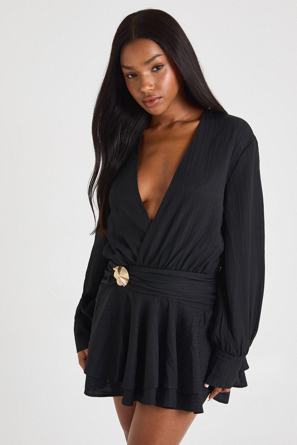 Textured Gold Trim Drop Hem Shirt Dress by BOOHOO