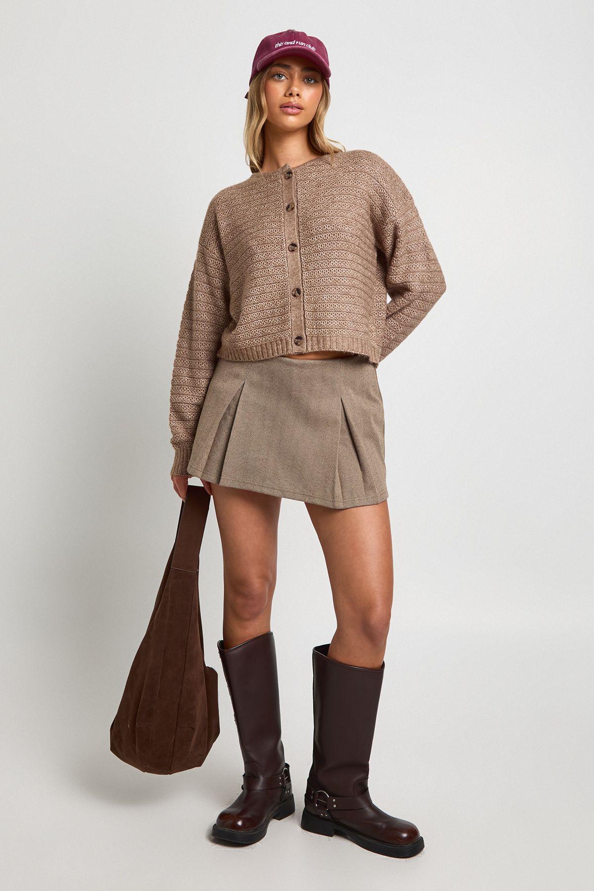Textured Knit Crew Neck Boxy Knitted Cardigan by BOOHOO