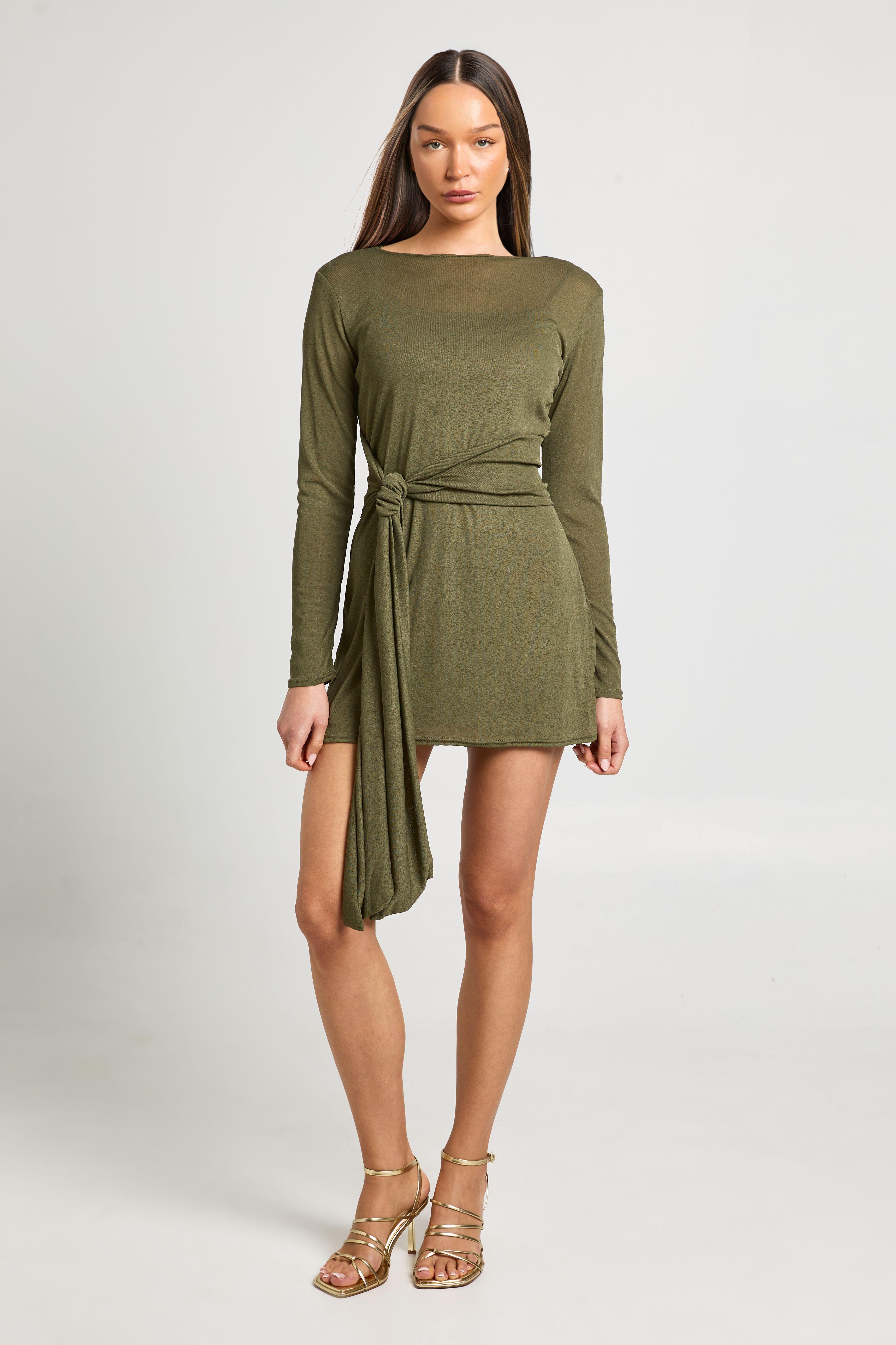 Textured Mesh Tie Waist Flare Sleeve Dress by BOOHOO