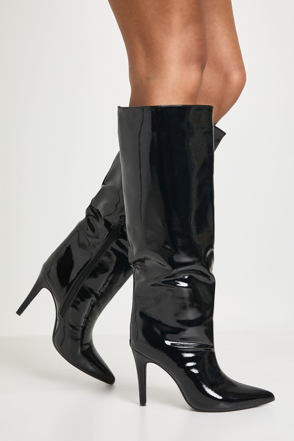 Textured Patent Knee High Stiletto Boots by BOOHOO