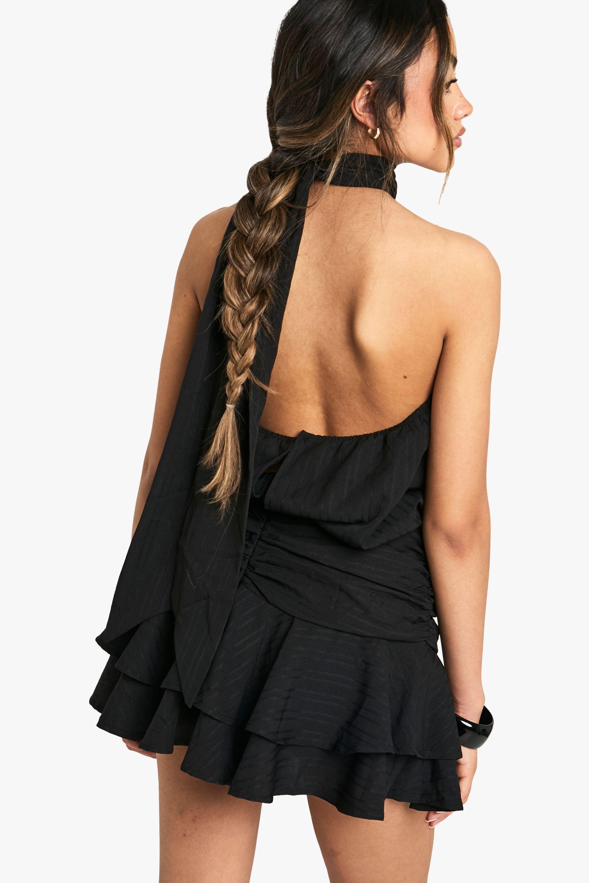 Textured Ruched Frill Skirt Halterneck Mini Dress by BOOHOO