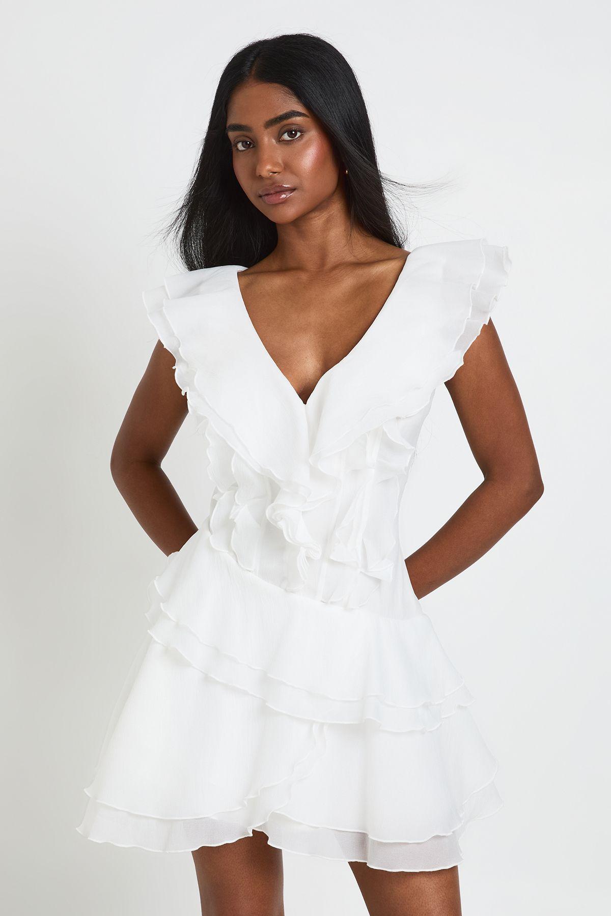 Textured Ruffle Detail Mini Dress by BOOHOO