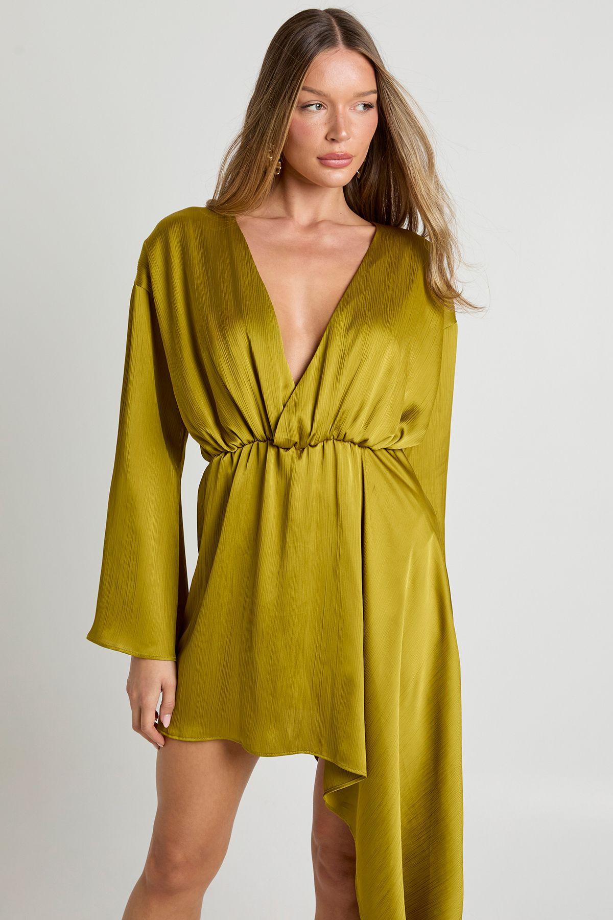 Textured Satin Draped Wrap Mini Dress by BOOHOO