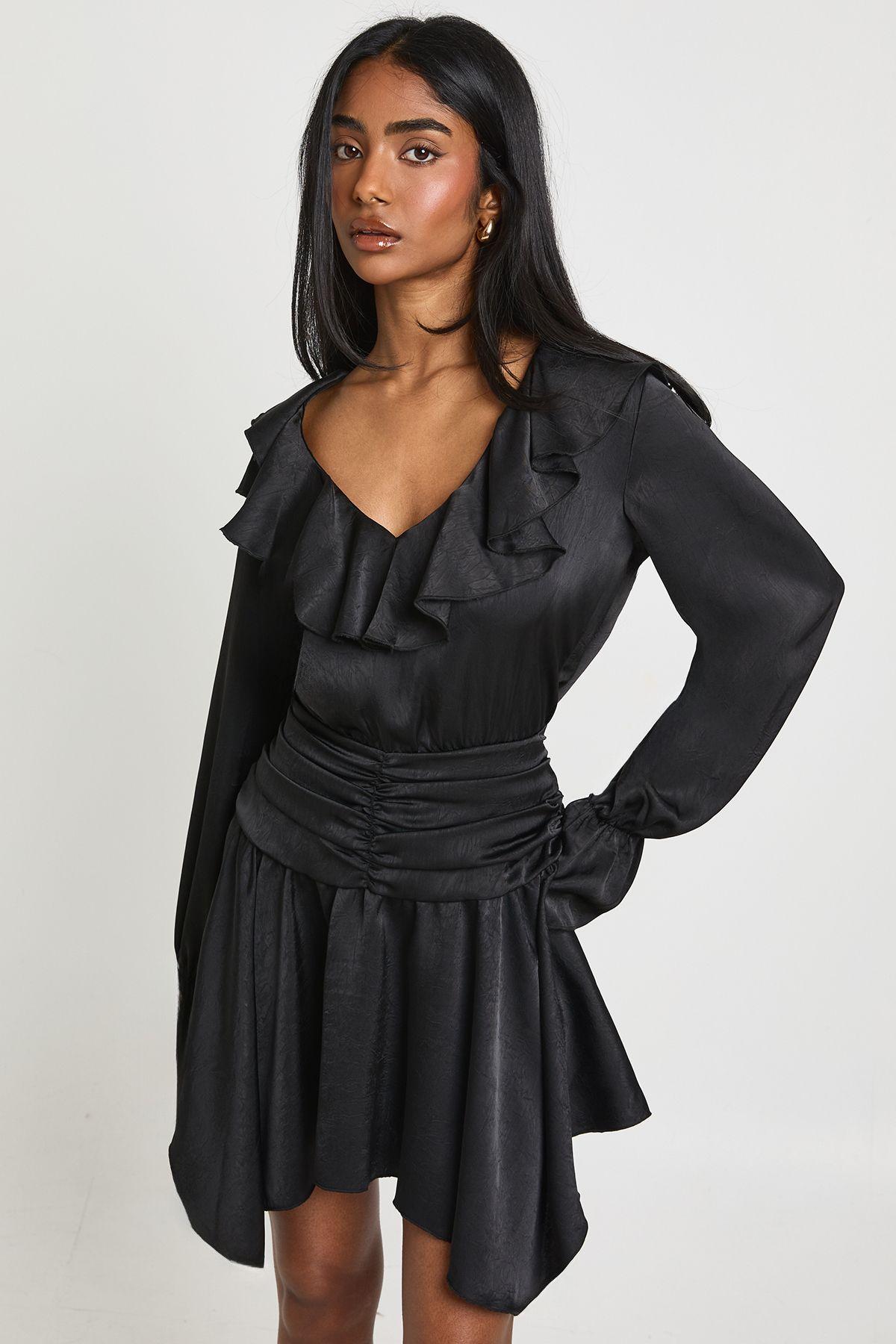 Textured Satin Ruffle Detail Mini Dress by BOOHOO