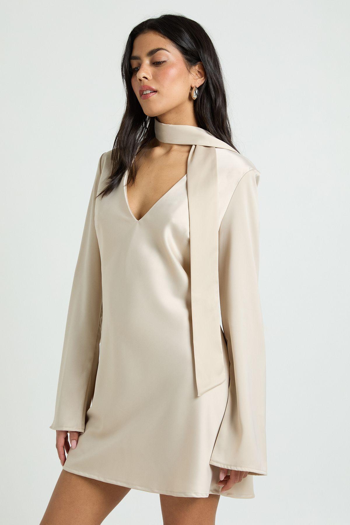 Textured Satin Scarf Detail Shift Dress by BOOHOO