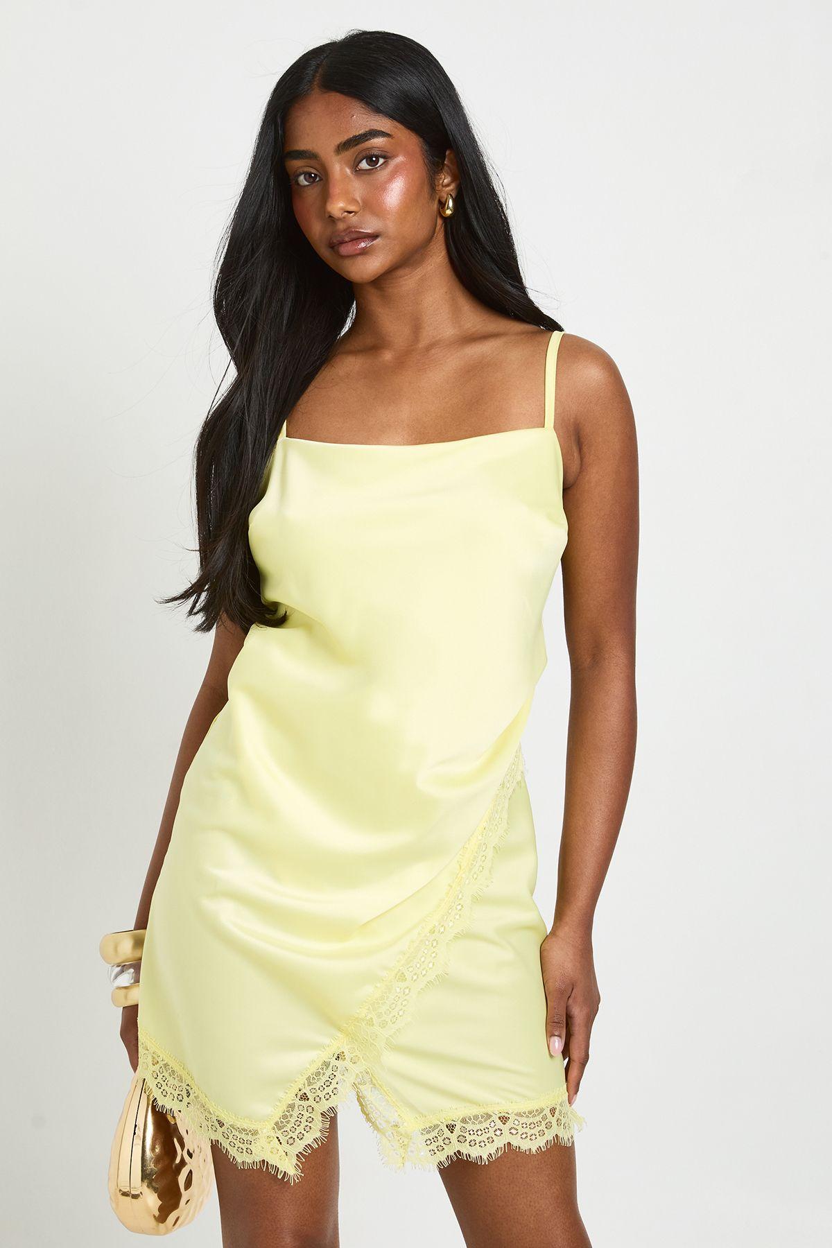 Textured Satin & Lace Wrap Front Mini Dress by BOOHOO
