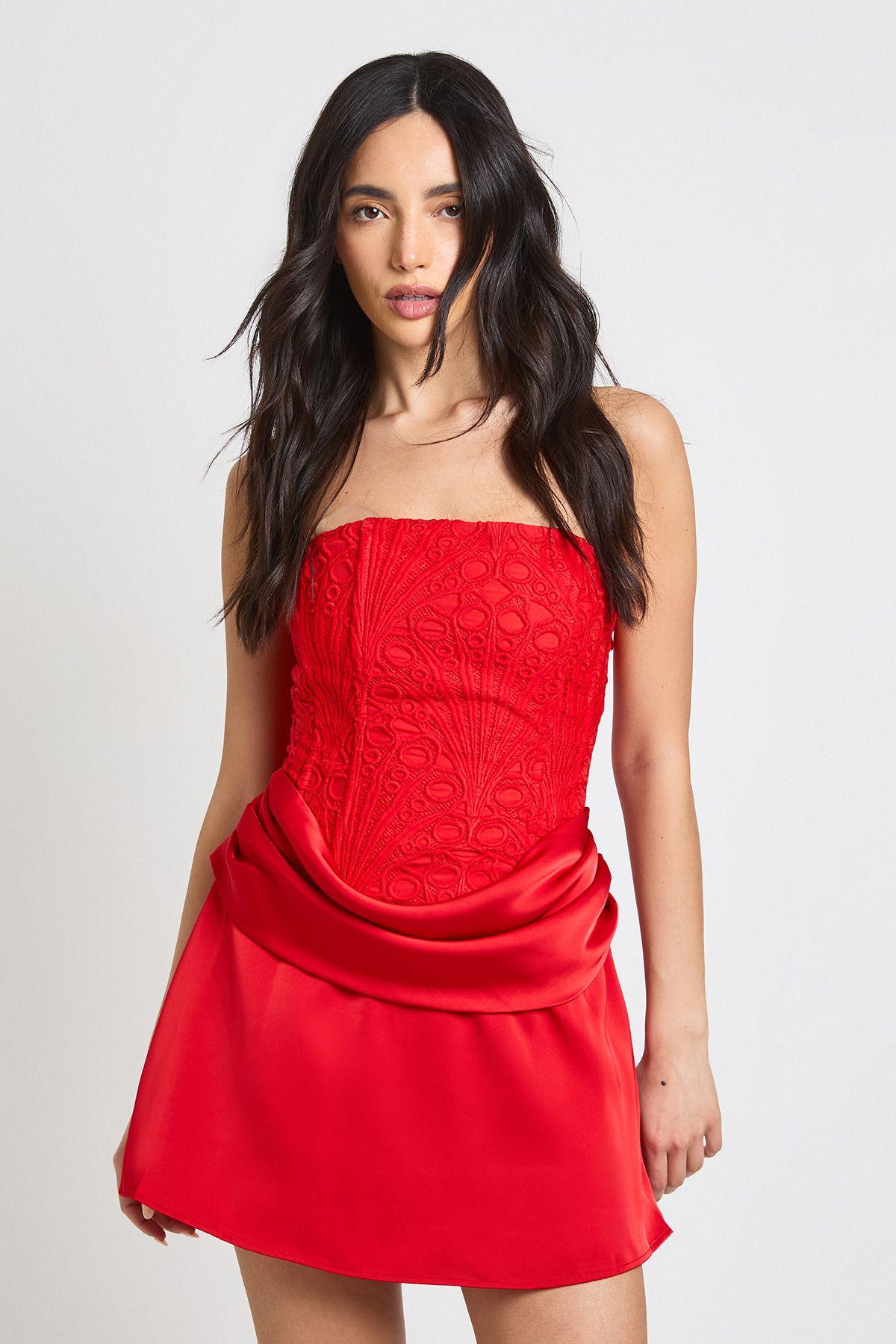 Textured Sheer Floral Lace Corset Drape Mini Dress by BOOHOO