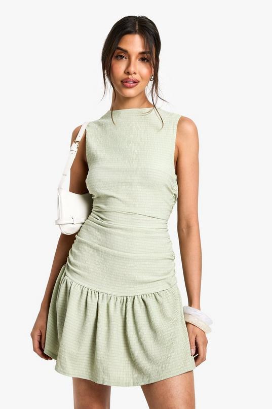 Textured Slash Neck Drop Waist Mini Dress by BOOHOO
