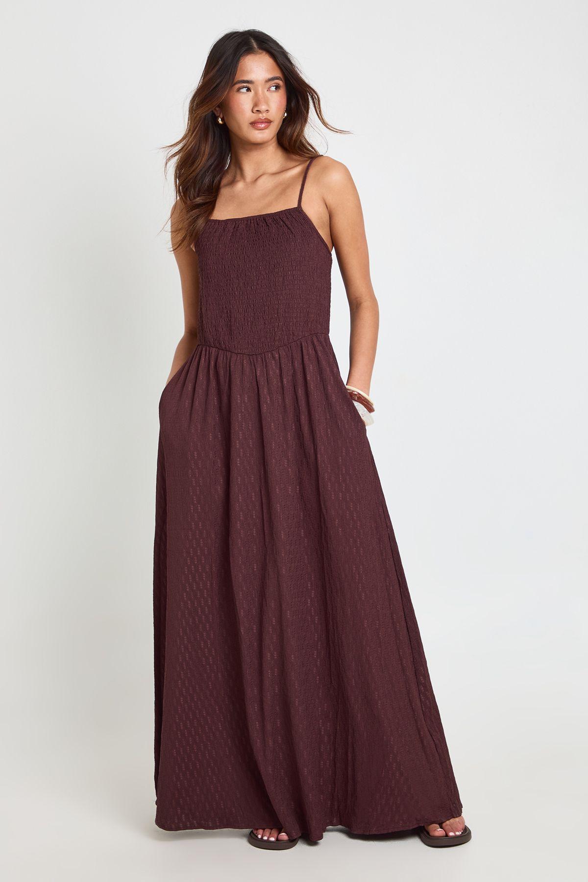 Textured Square Neck Shirred Bodice Maxi Dress by BOOHOO