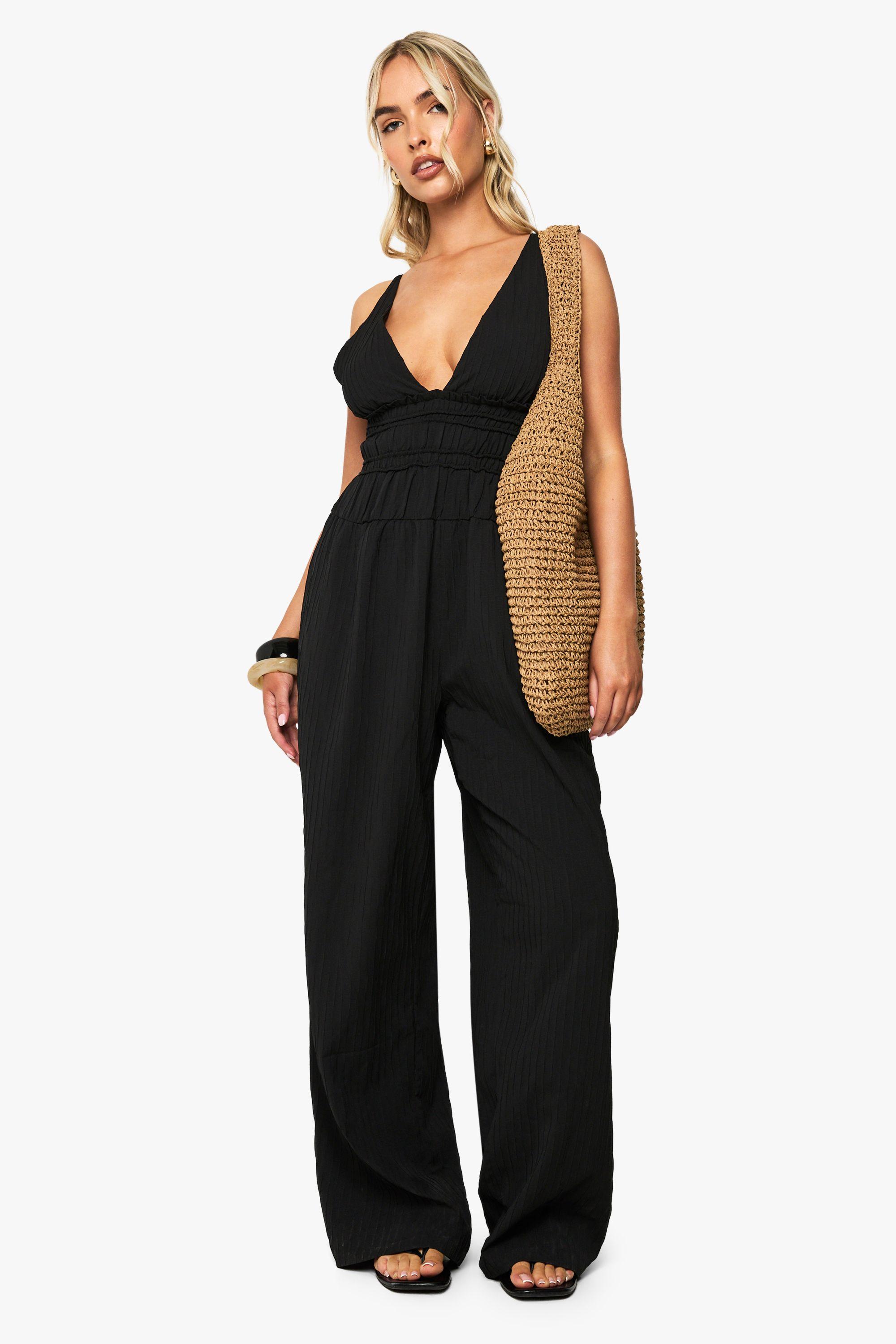 Textured Strappy Ruched Jumpsuit by BOOHOO