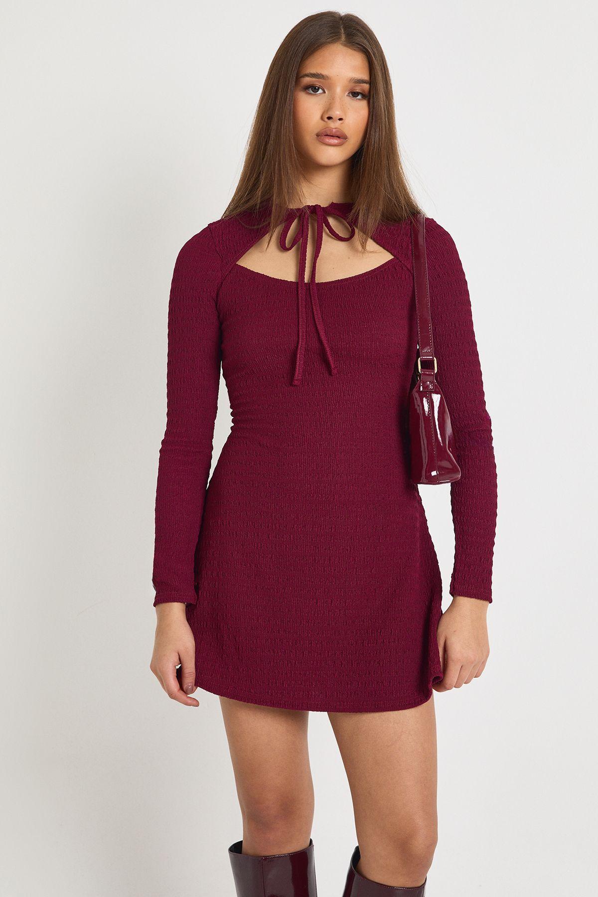 Textured Tie Front Skater Dress by BOOHOO