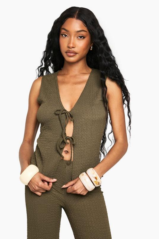 Textured Tie Front Sleeveless Top by BOOHOO
