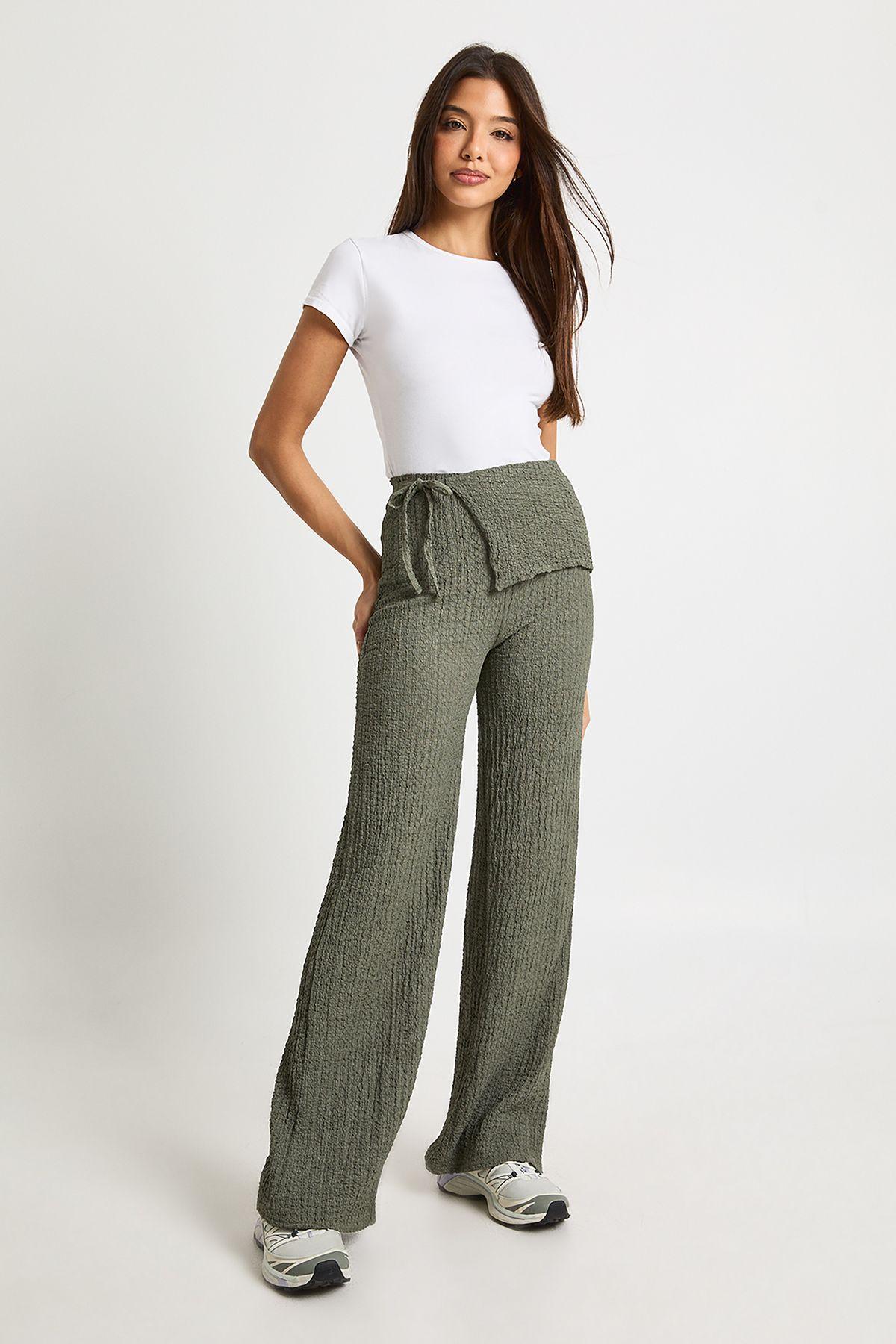 Textured Tie Wrap Waist Straight Leg Trouser by BOOHOO