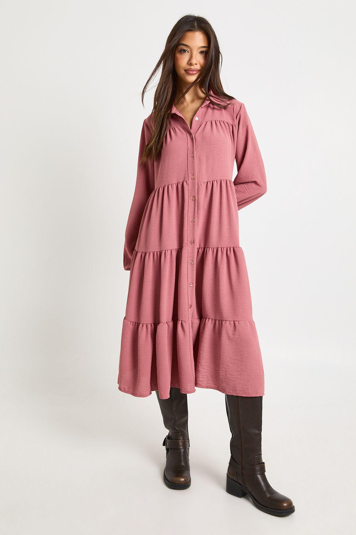 Textured Tiered Midi Smock Dress by BOOHOO