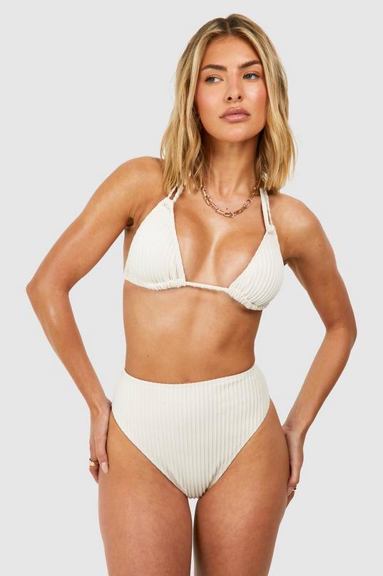 Textured Triangle Bikini Top & High Waisted Bikini Bottoms Set by BOOHOO