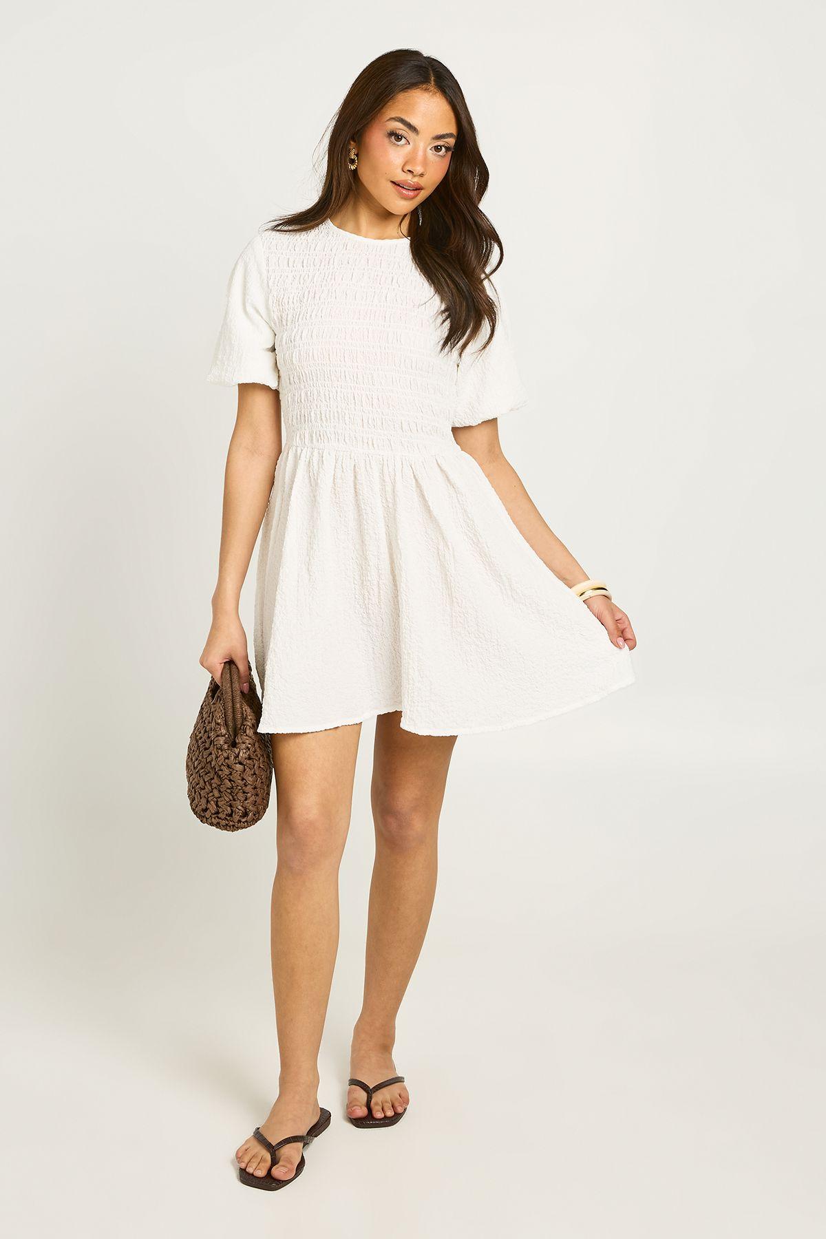 Textured Volume Sleeve Mini Dress by BOOHOO
