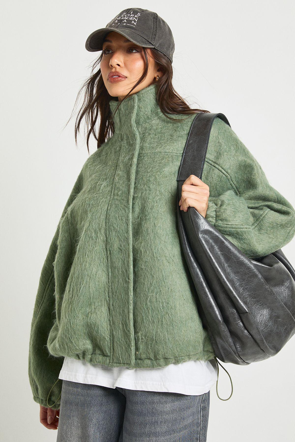 Textured Wool Look Bomber Jacket by BOOHOO