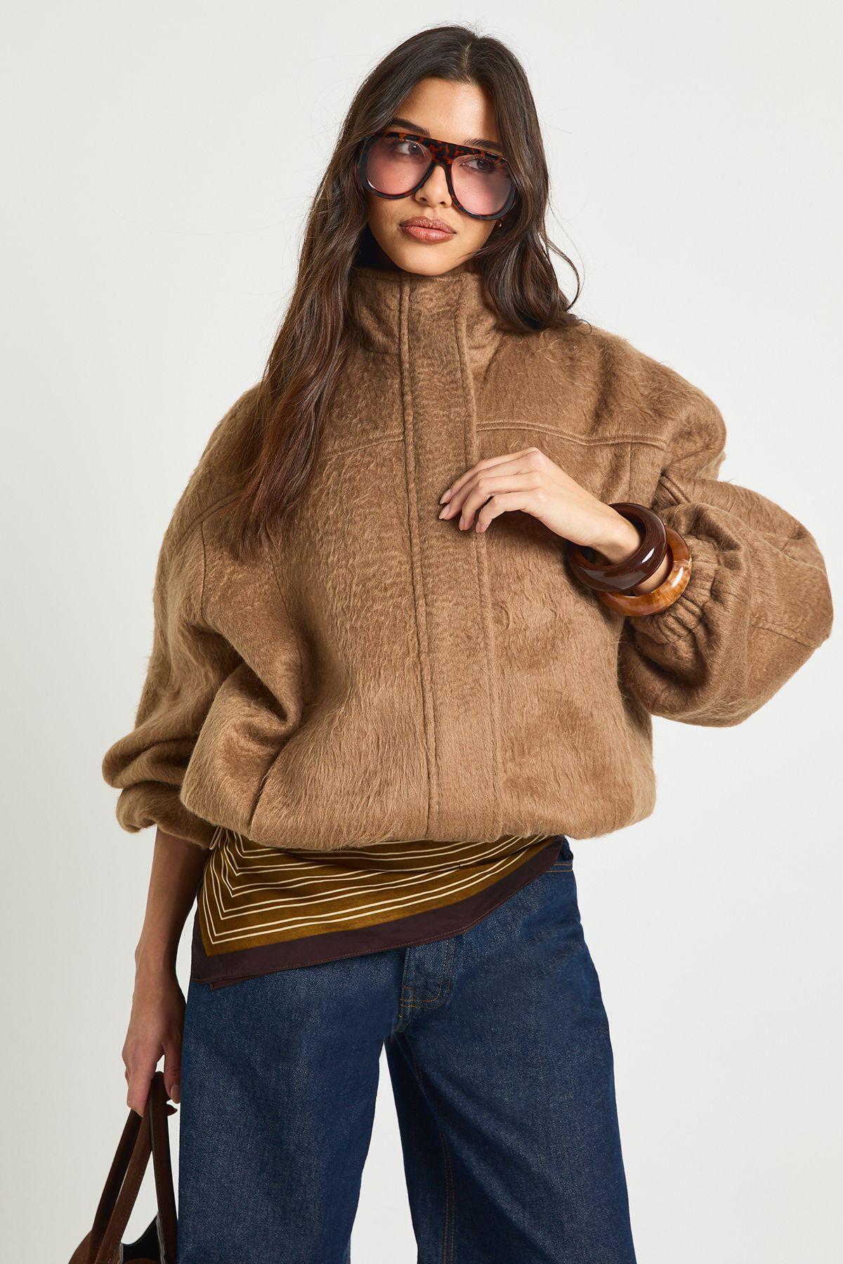 Textured Wool Look Bomber Jacket by BOOHOO