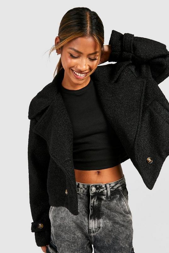 Textured Wool Look Crop Trench Coat by BOOHOO