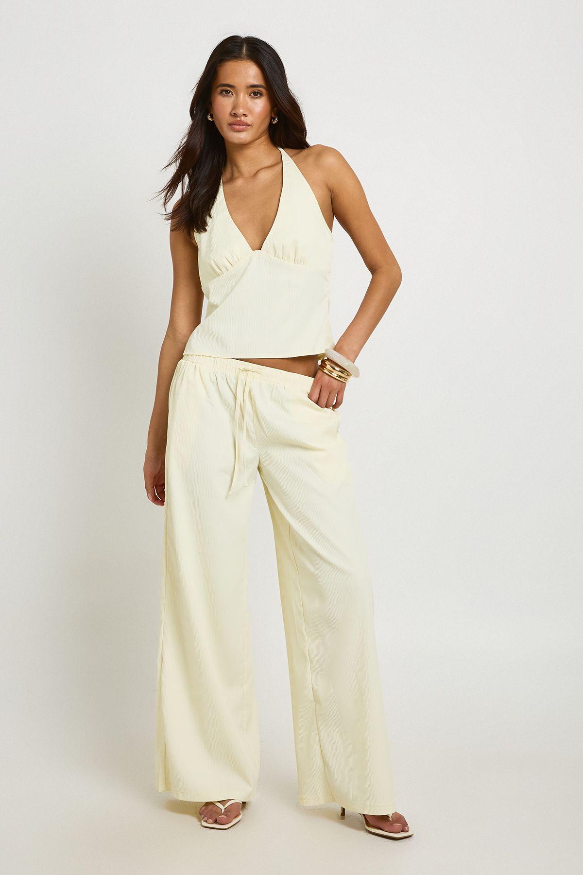 Textured Woven Halterneck and Wide Leg Trouser Set by BOOHOO