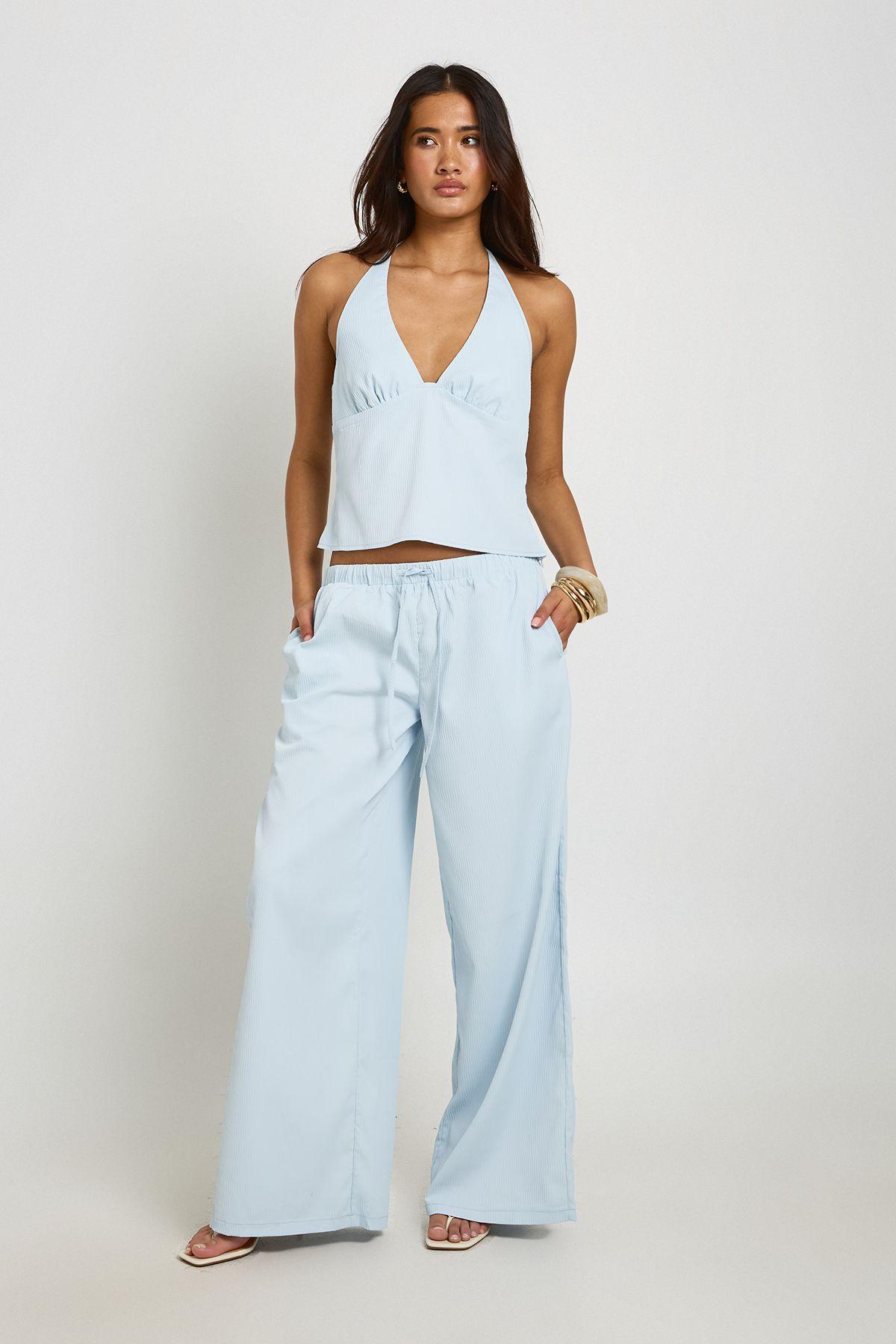 Textured Woven Halterneck and Wide Leg Trouser Set by BOOHOO