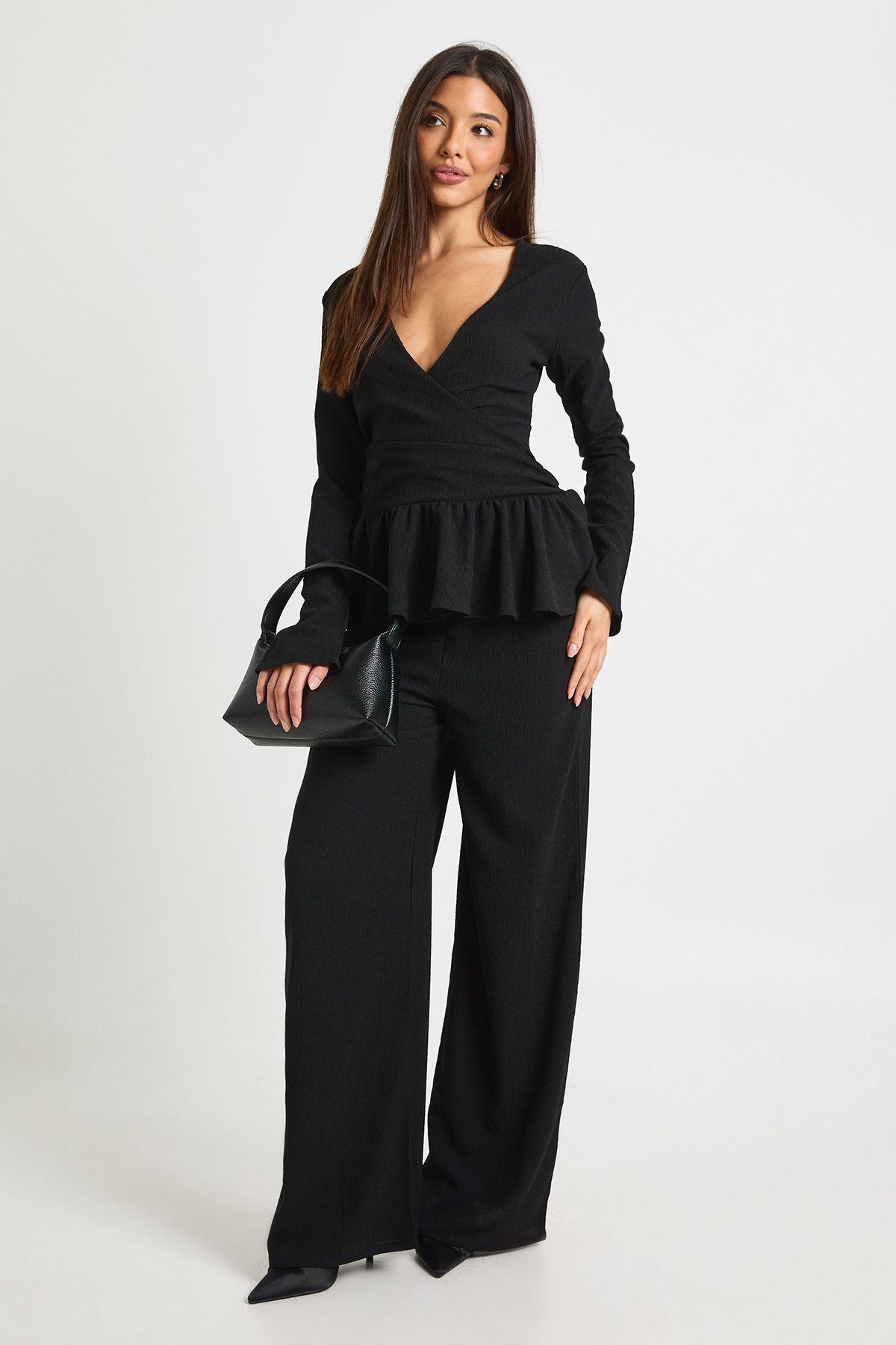 Textured Wrap Detail Long Sleeve Top And Trouser Set by BOOHOO