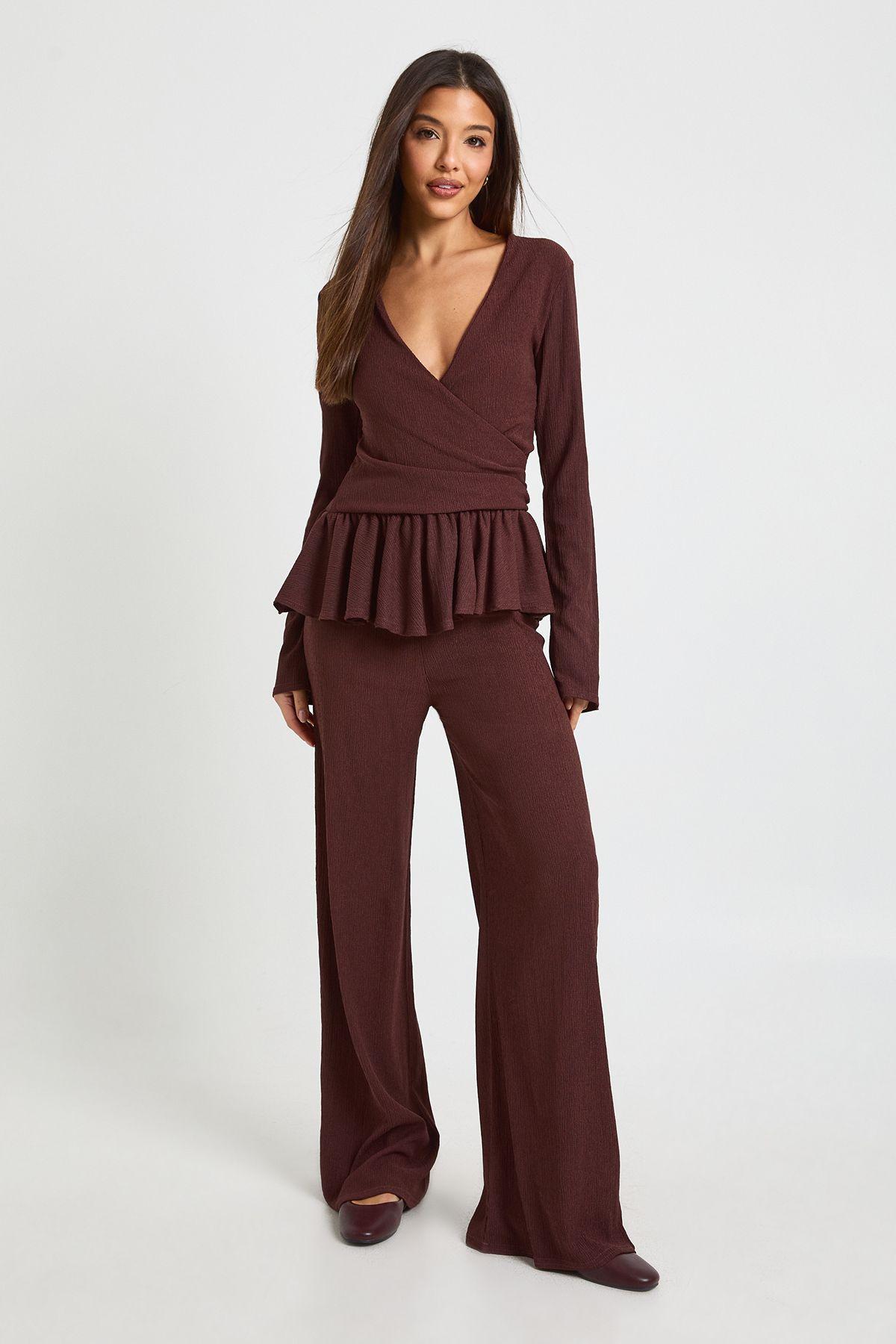 Textured Wrap Detail Long Sleeve Top And Trouser Set by BOOHOO