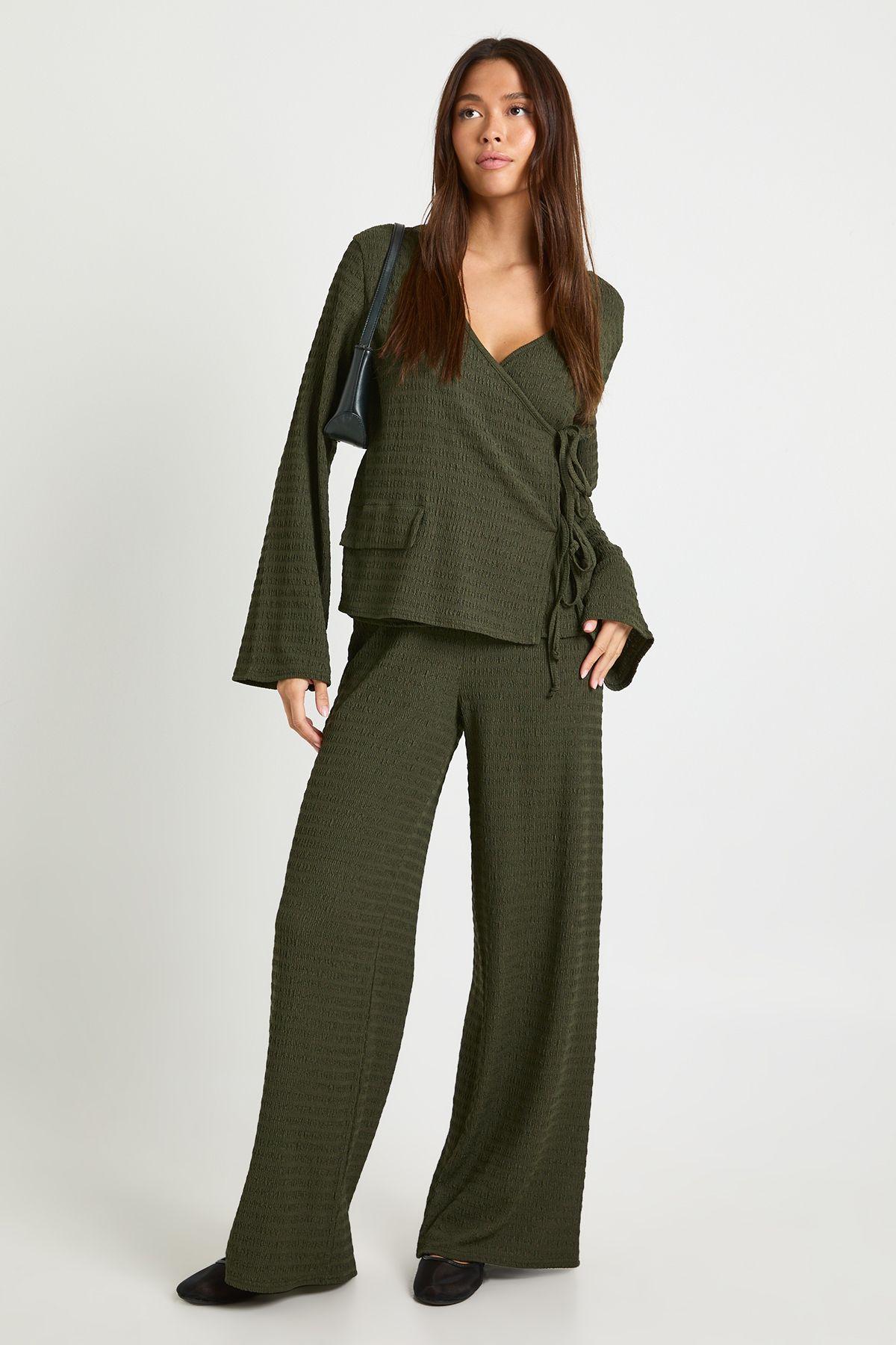 Textured Wrap Front Long Sleeve Top and Trouser Co Ord by BOOHOO