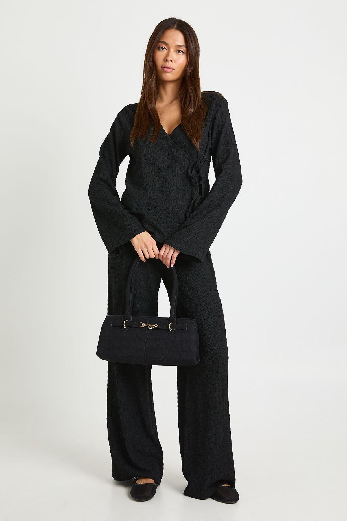 Textured Wrap Front Long Sleeve Top and Trouser Co Ord by BOOHOO