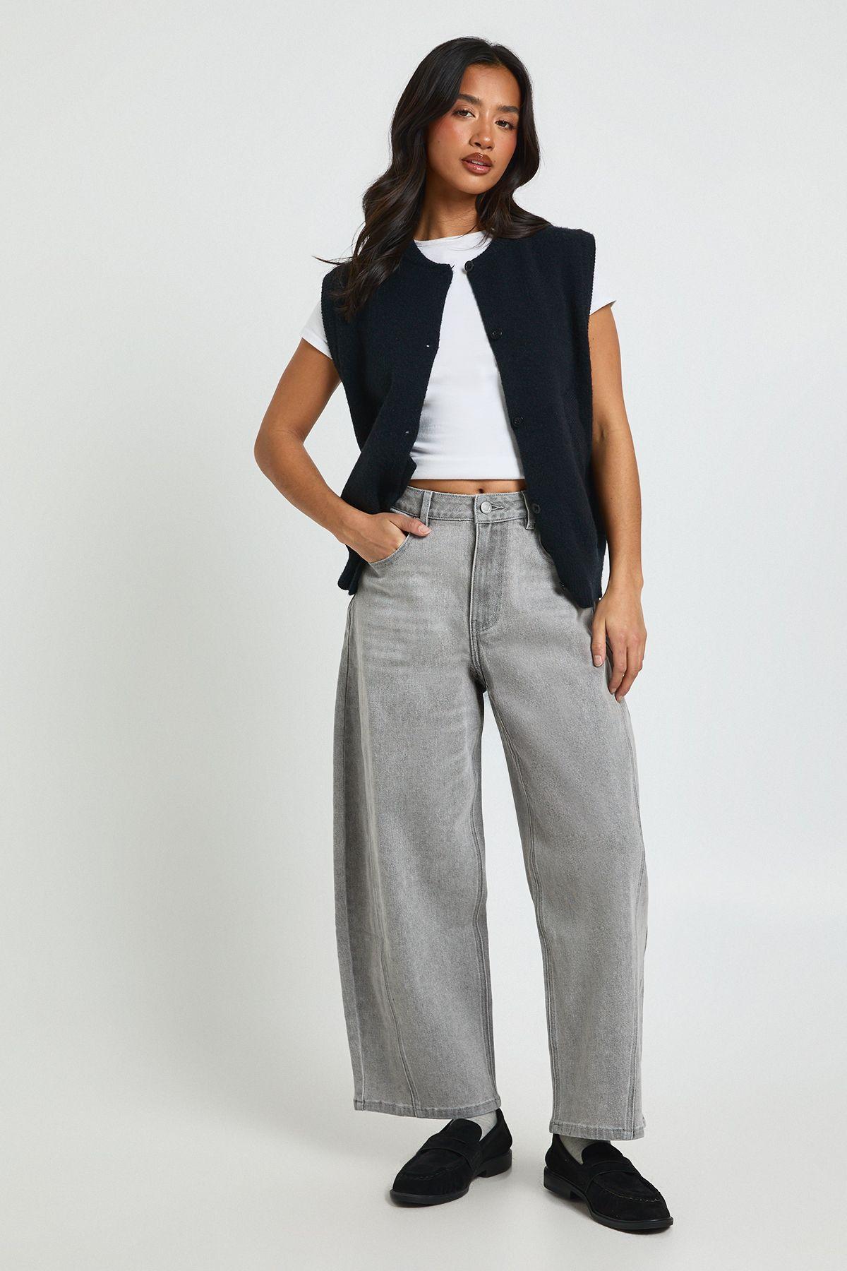 The Petite Mid Waist Barrel Jean by BOOHOO