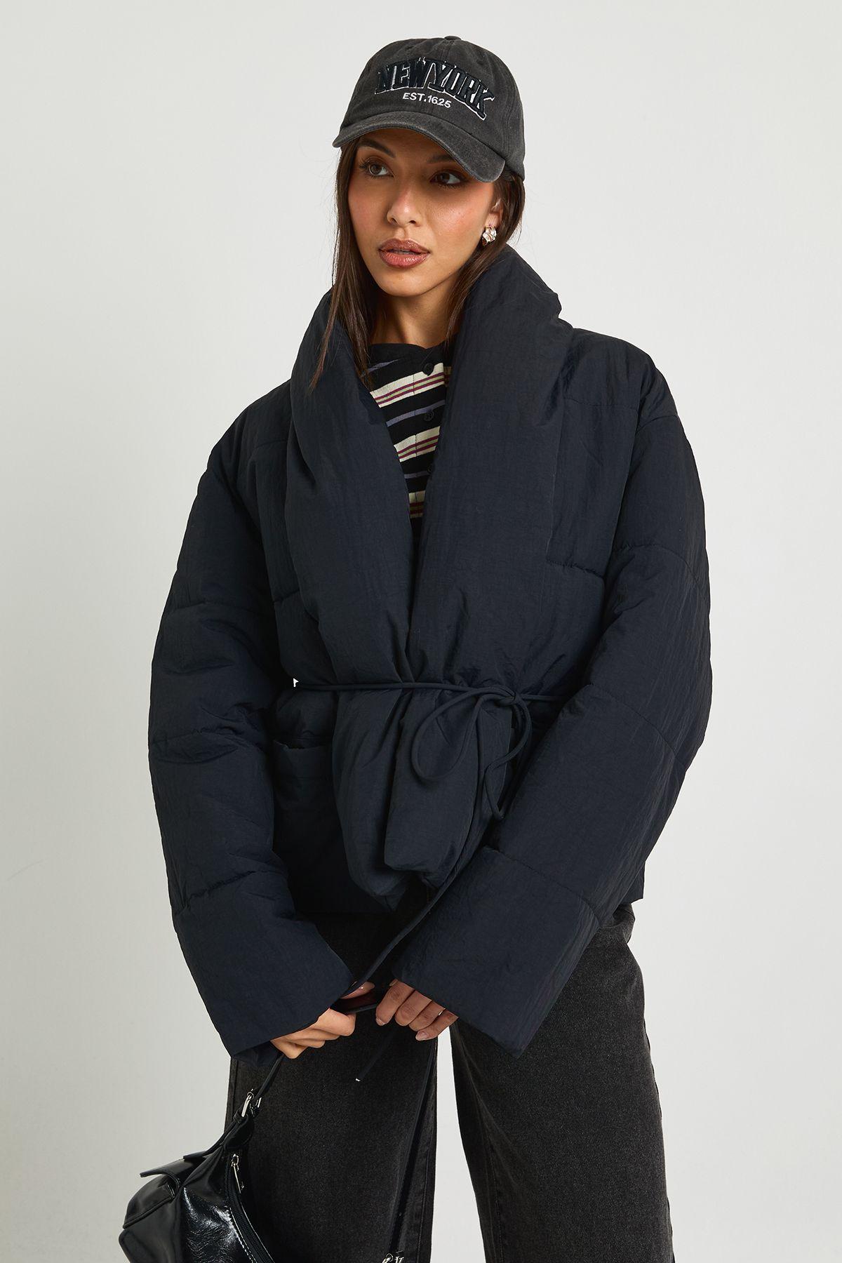 Tie Detail Short Puffer Coat by BOOHOO
