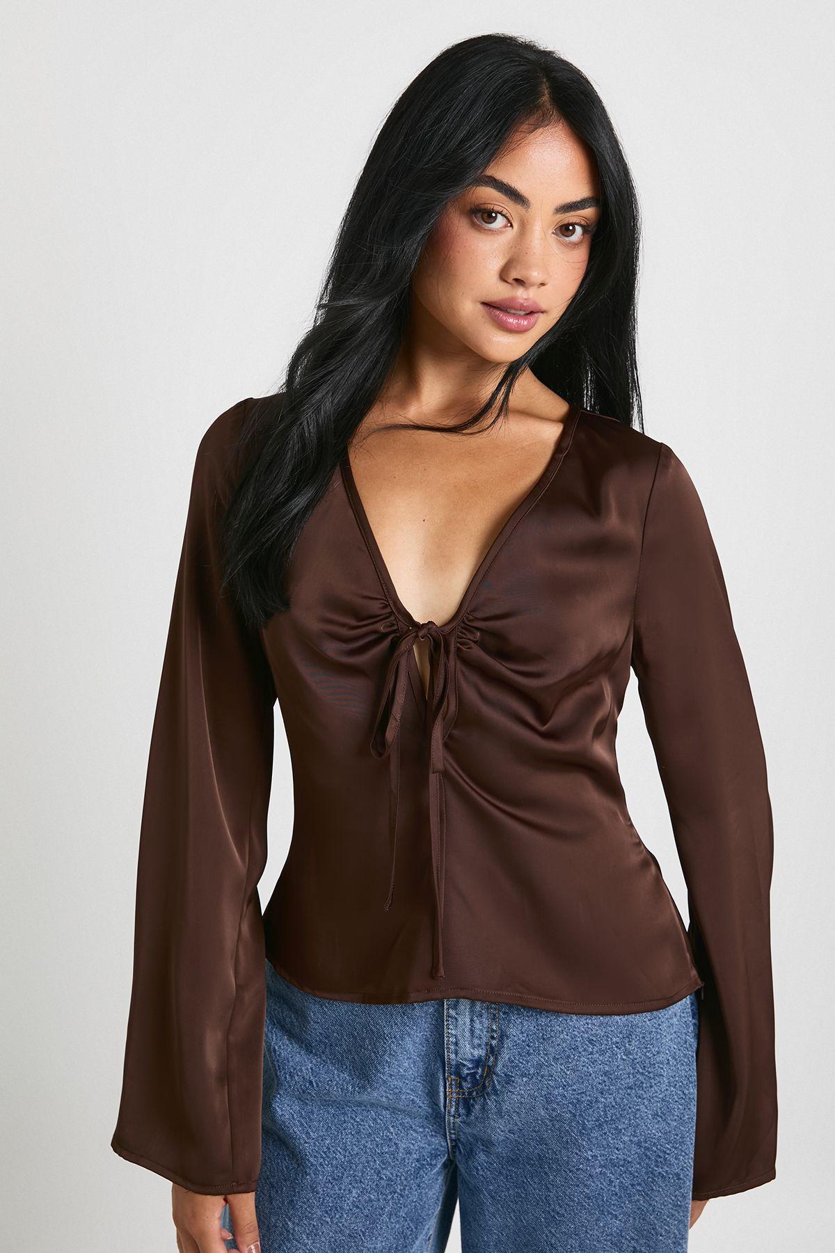 Tie Front Flare Sleeve Satin Blouse by BOOHOO