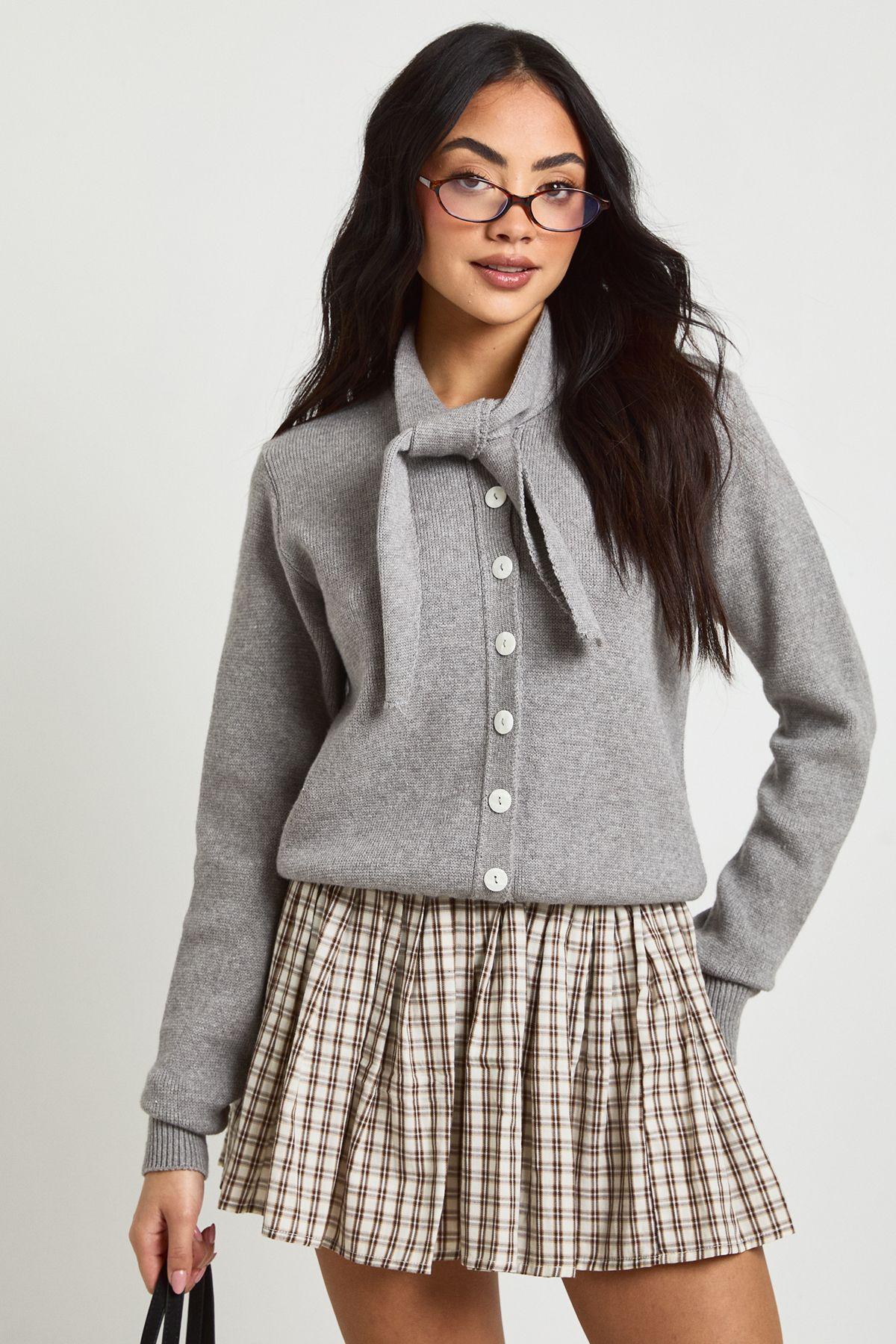 Tie Neck Button Through Cardigan by BOOHOO