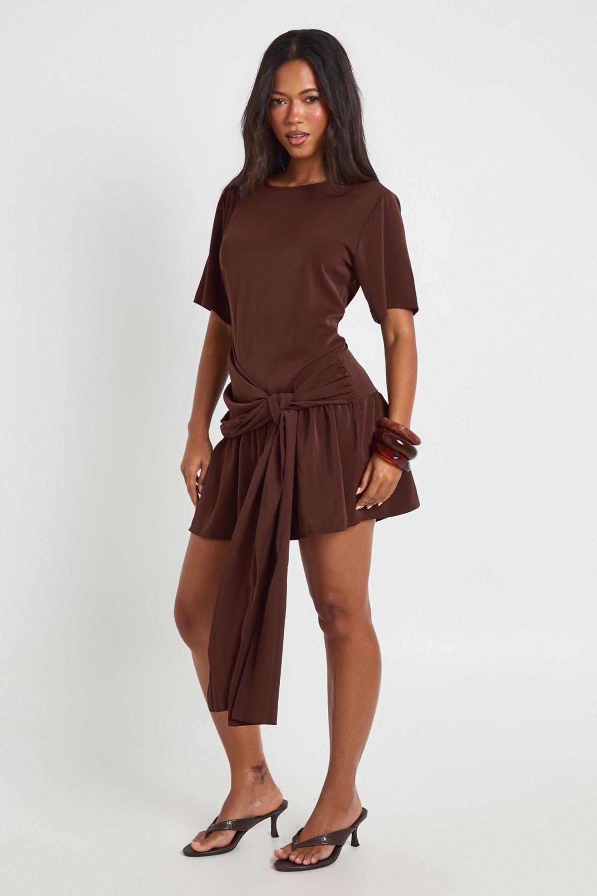 Tie Waist Drop Hem Woven Mini Dress by BOOHOO