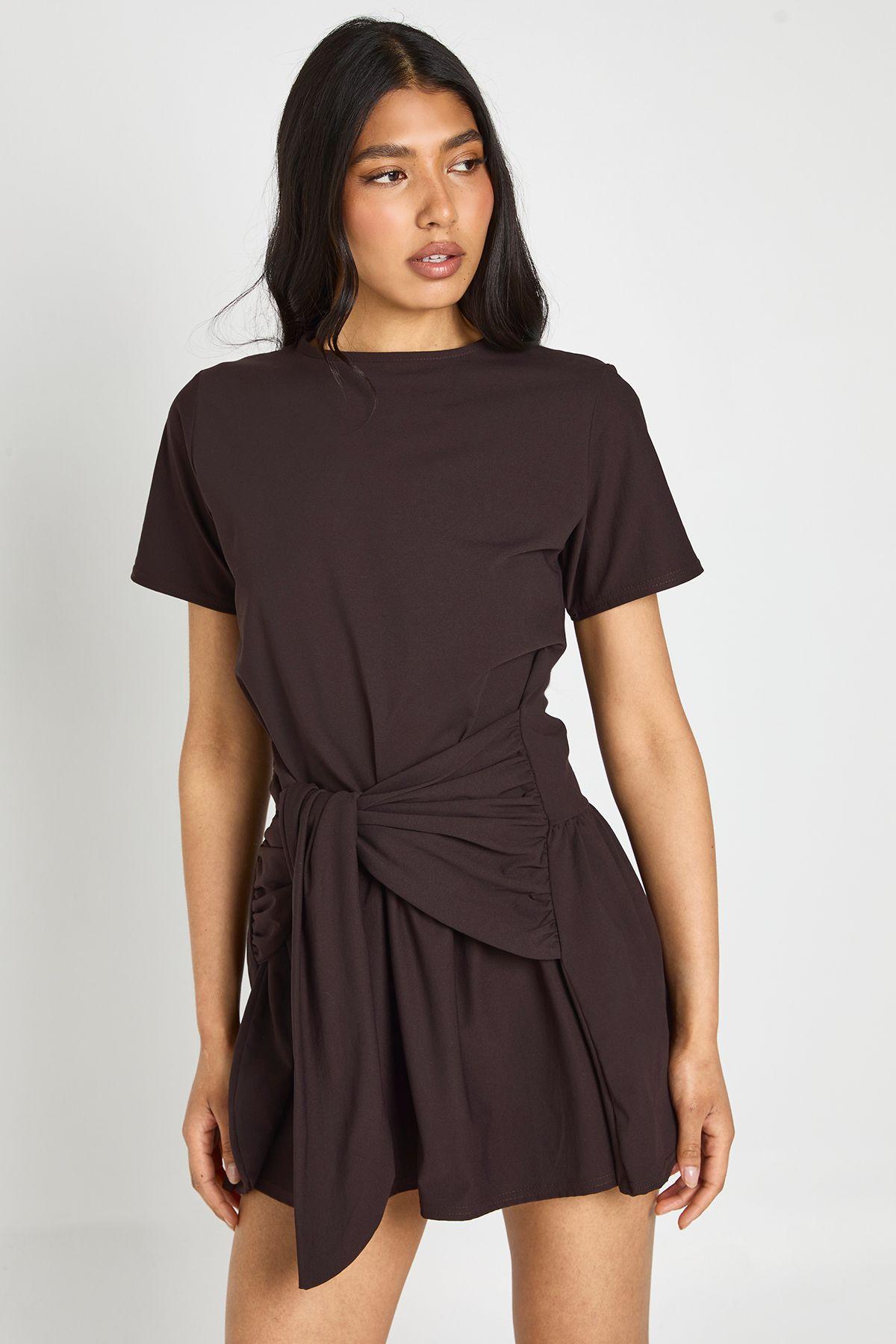 Tie Waist Long Sleeve Smock Dress by BOOHOO