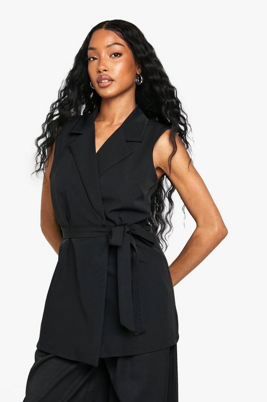 Tie Waist Shoulder Pad Waistcoat by BOOHOO