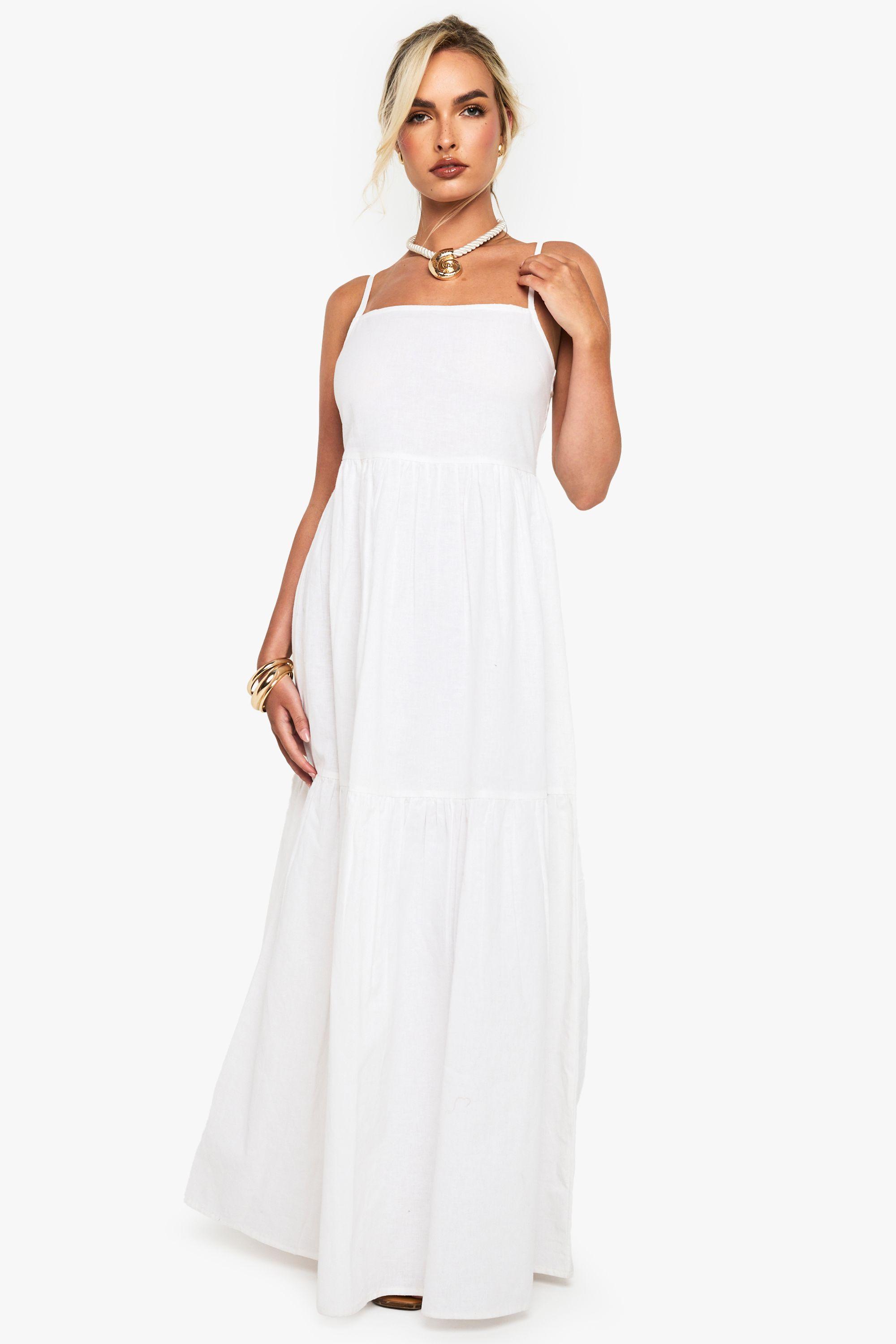 Tiered Linen Strappy Maxi Dress by BOOHOO