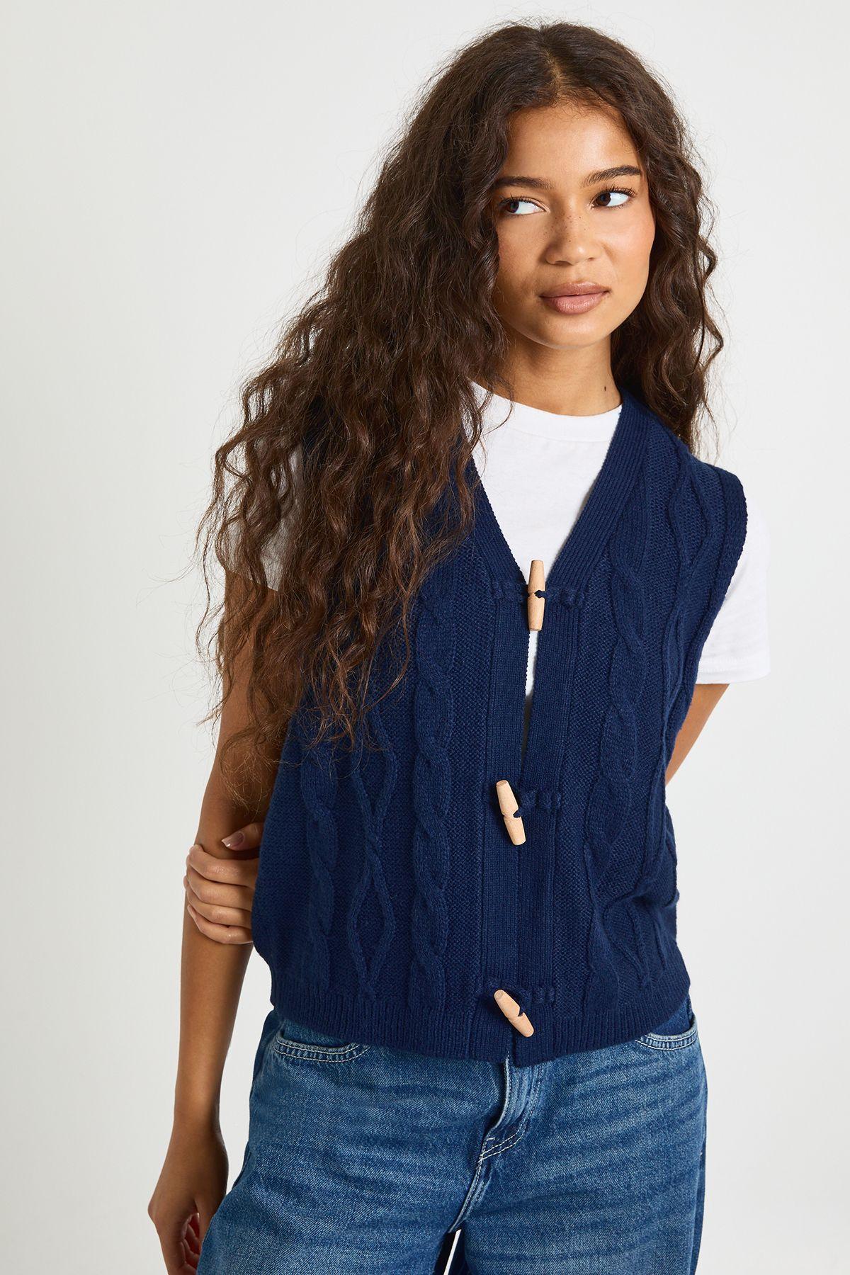 Toggle Button Cable Knit Waistcoat by BOOHOO