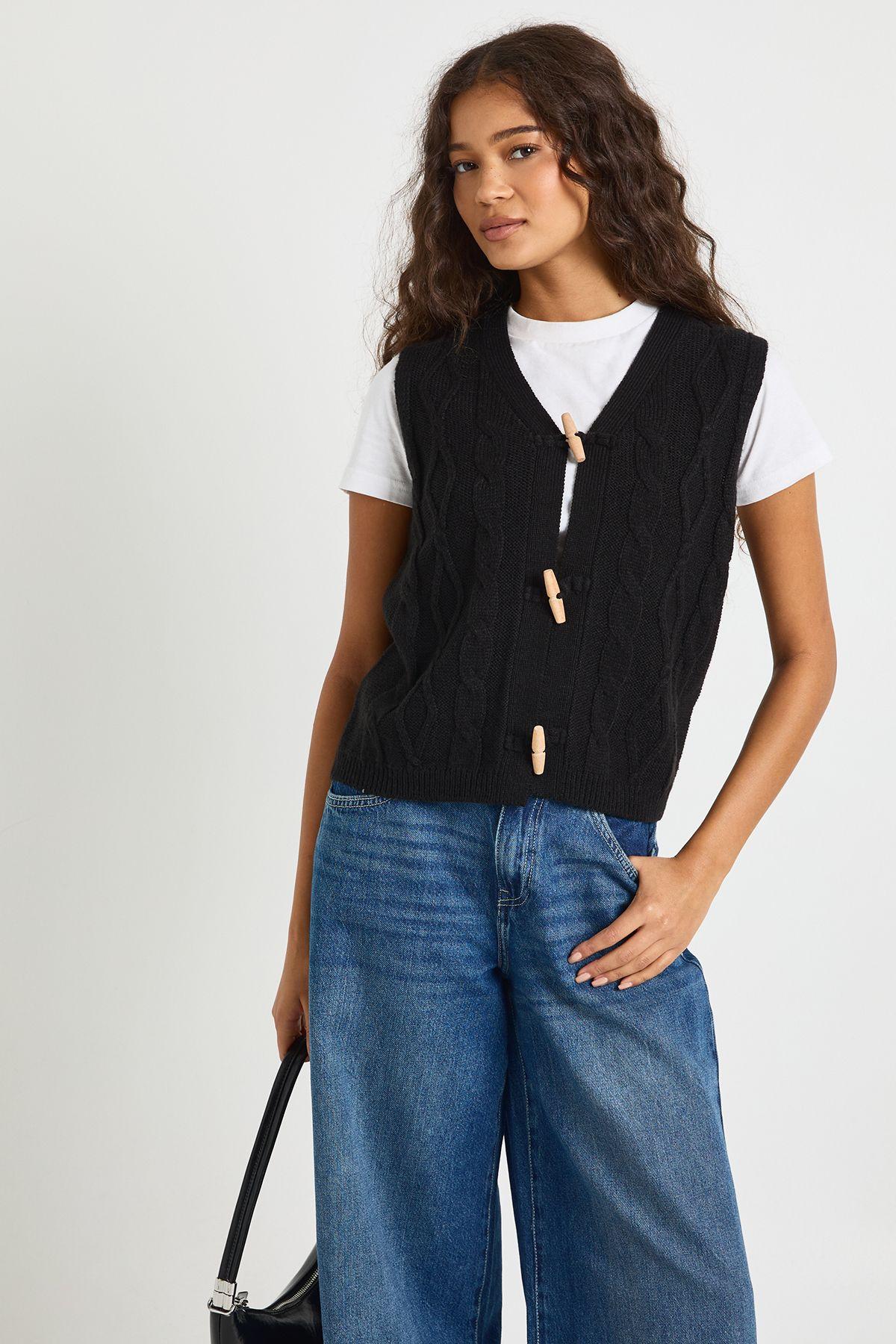 Toggle Button Cable Knit Waistcoat by BOOHOO
