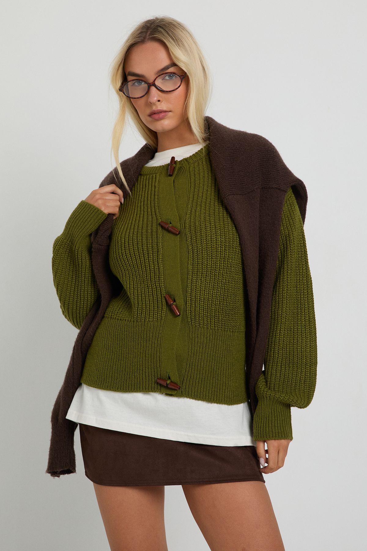 Toggle Button High Neck Knit Cardigan by BOOHOO