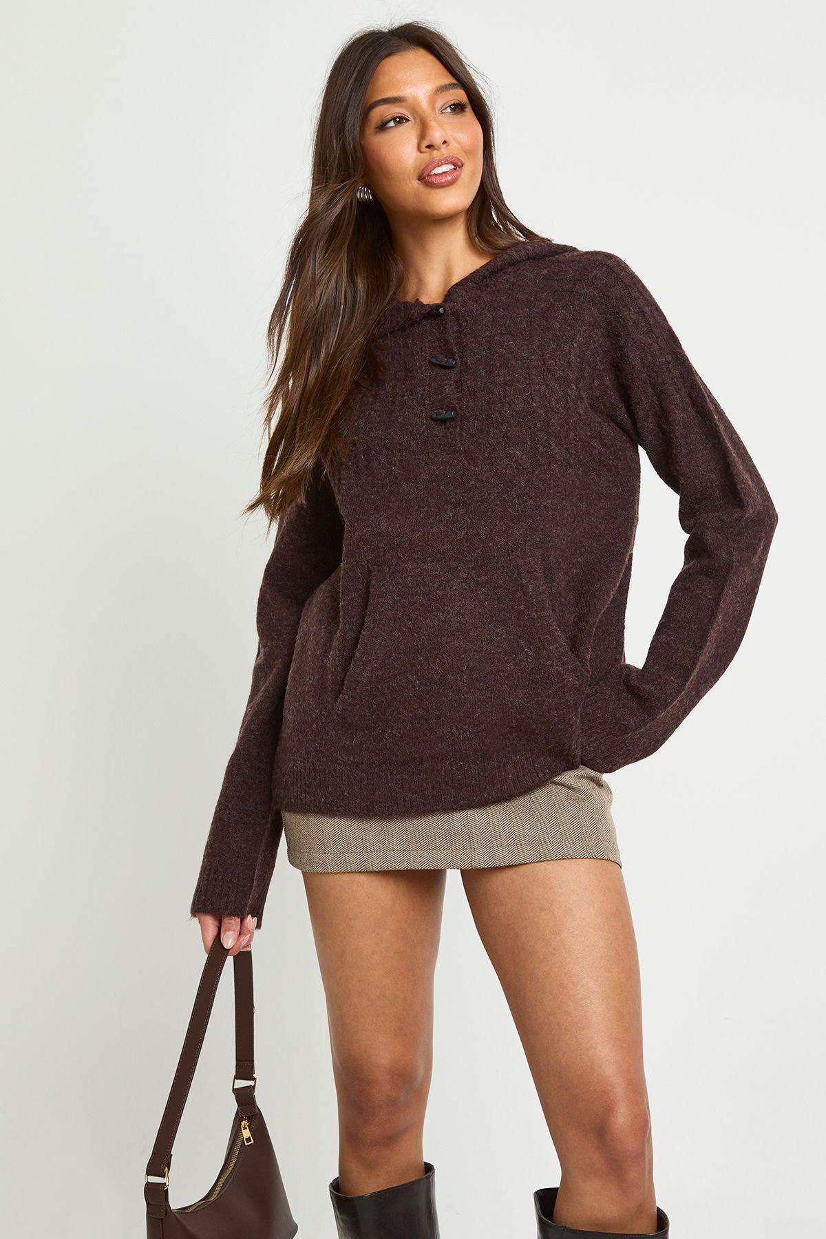 Toggle Detail Oversized Knitted Hoody by BOOHOO