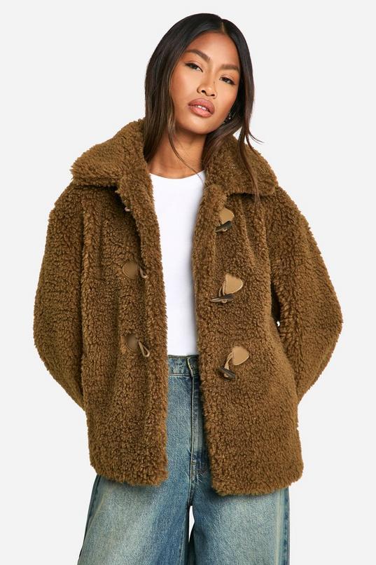 Toggle Detail Teddy Fur Coat by BOOHOO