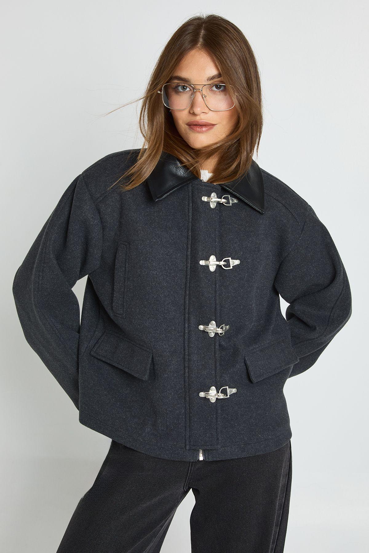 Toggle Detail Wool Look Jacket by BOOHOO
