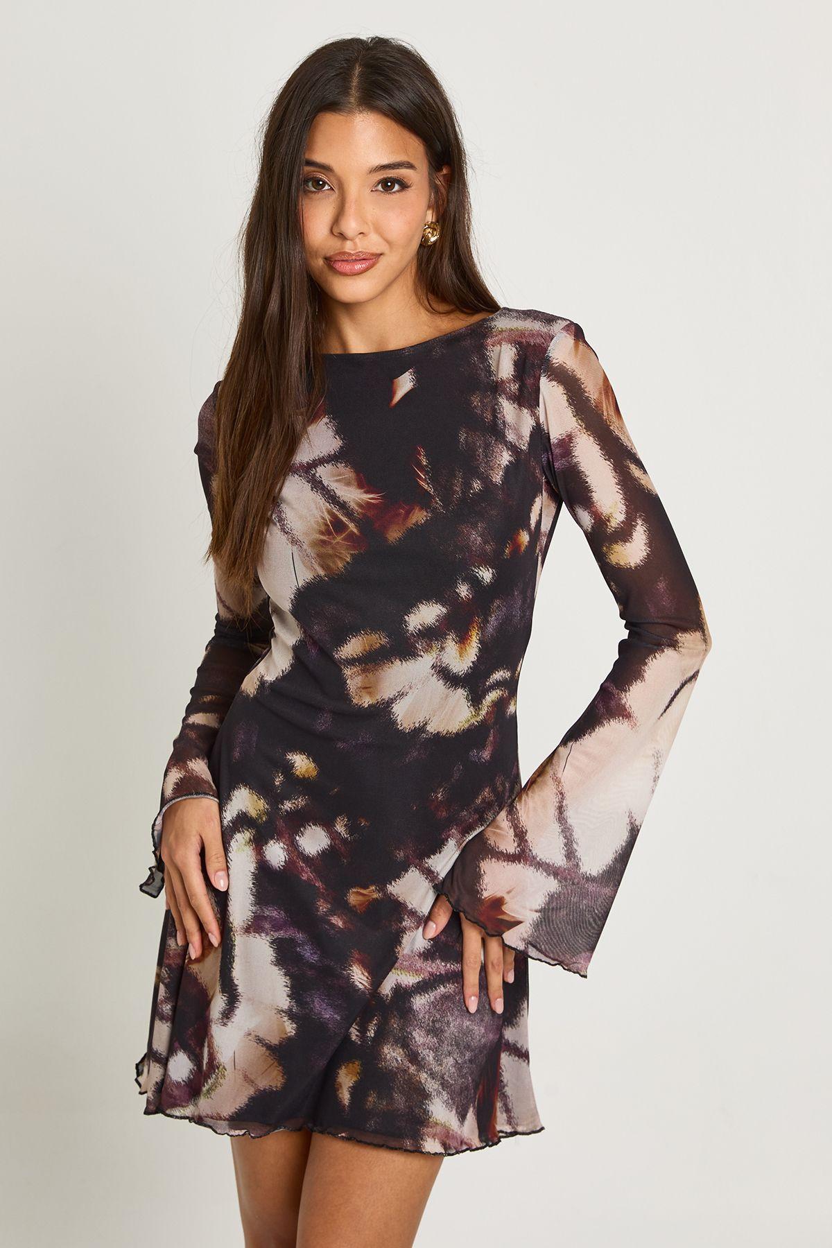 Tonal Abstract Mesh Flare Sleeve Mini Dress by BOOHOO