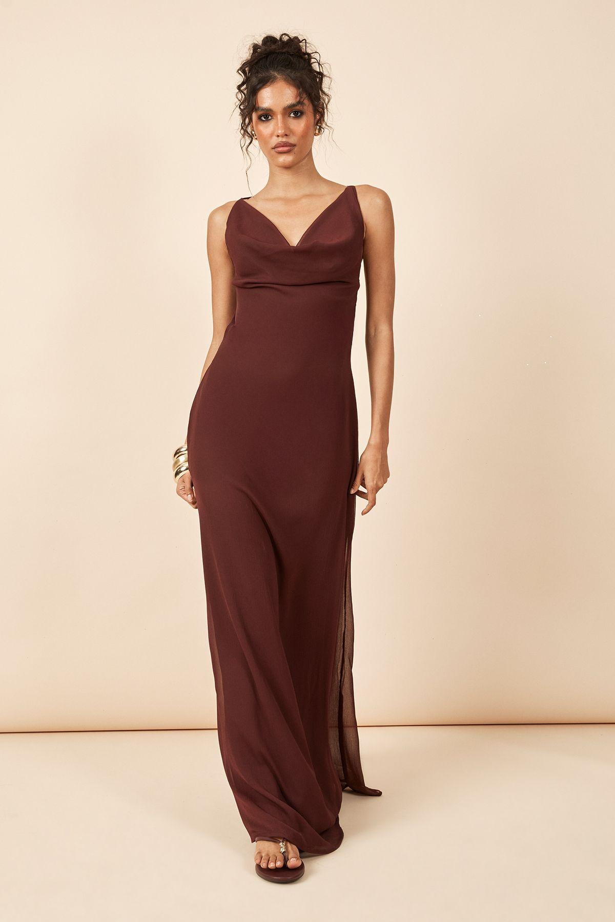 Tonal Chiffon Cowl Front & Back Maxi Slip Dress by BOOHOO